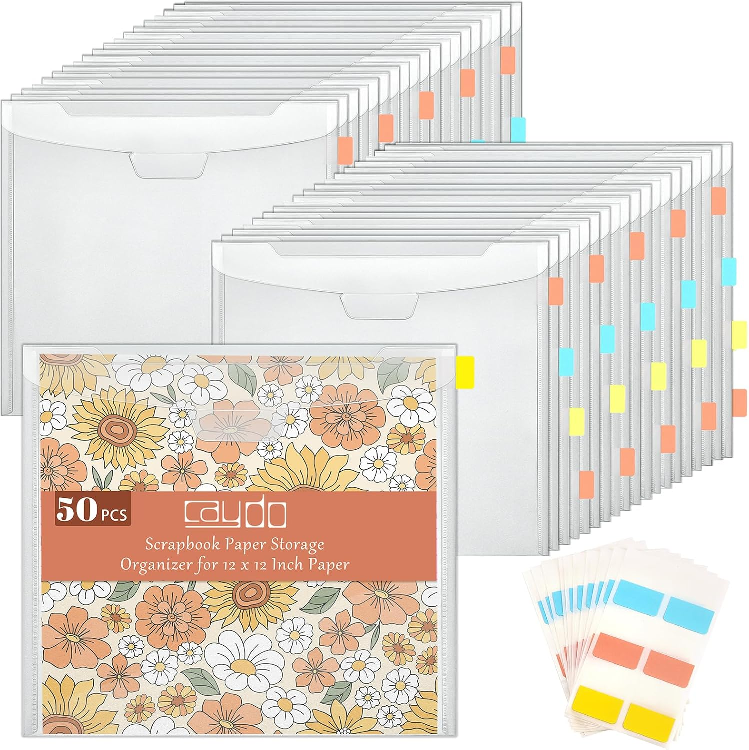 Caydo 50 Pieces Scrapbook Paper Storage with Buckle Design, Clear Scrapbook Paper Organizer with 120 Pieces Sticky Index Tabs for 12X12 Scrapbook Paper, Vinyl Paper, Photos (SC-022S) image number 3