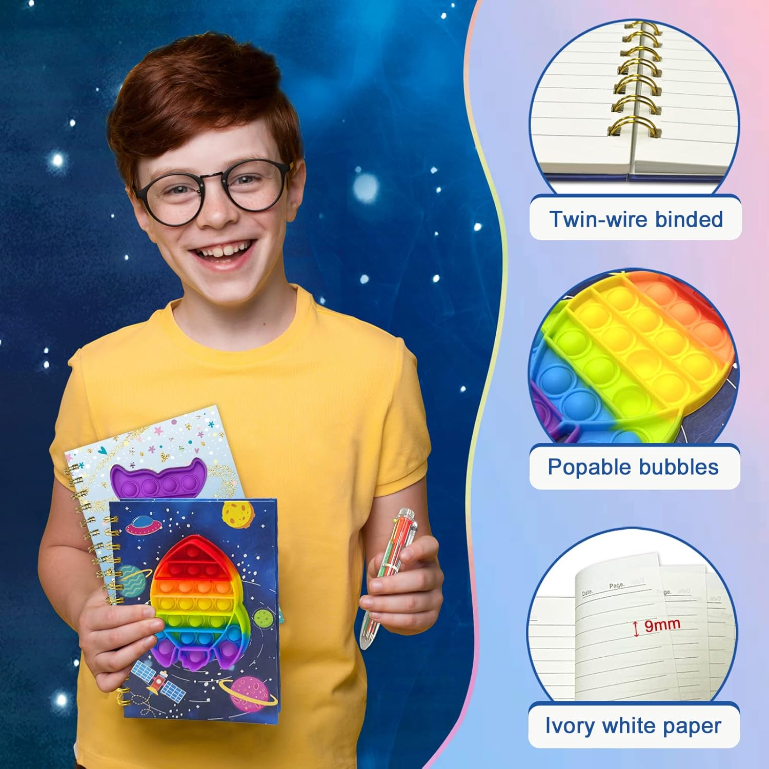 Spiral Notebook for Kids with Pen, 21X14.5Cm 160 Lined Pages Spacecraft Pop Notebook for Boys Diary with 6 Multi-Colored Pen Fidget Cute Teenager Journal for Kids Boy Gifts 6 7 8 9 10 Years Old - Rocket image number 3