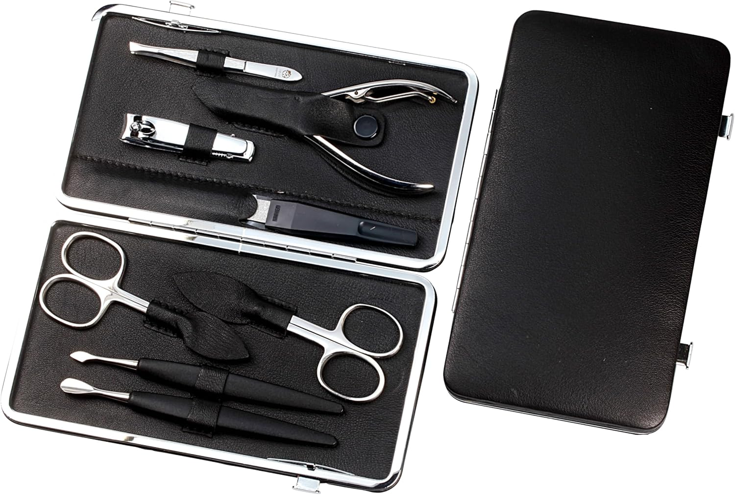 Sonnenschein by Hans Kniebes Manicure Set, 5 Pieces, Nail Scissors, Nail Clippers, Nail File, Tweezers, Double Instrument, Nappa Lambskin Manicure Case, Black