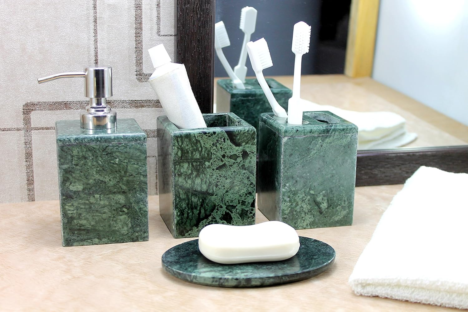 KLEO - Bathroom Accessory Set Made from Natural Green Stone - Bath Accessories Set of 4 Includes Soap Dispenser Toothbrush Holder Tumbler and Soap Dish (Green) - Green image number 5
