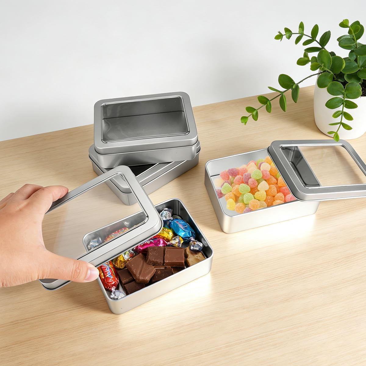 Rairsky Storage Box Silver Metal Rectangular Rustproof Pack of 4 Tins for Sweets Gifts