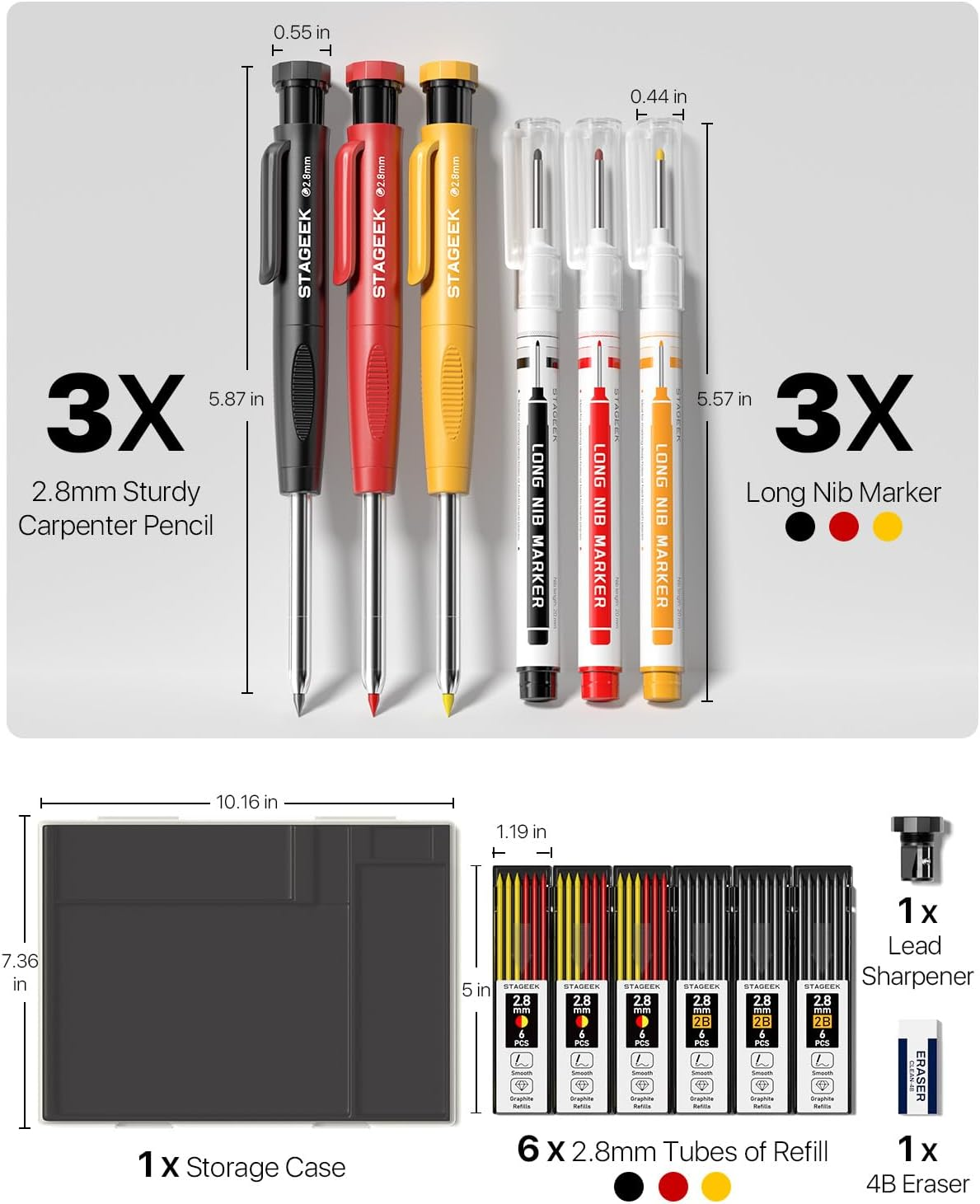STAGEEK Carpenter Pencils Set with Case, 3PCS Mechanical Carpenter Pencils with 39 Refills, Heavy Duty Construction Pencil with Sharpener, Deep Hole Long Nib Marker Pens for Architect Marking image number 1
