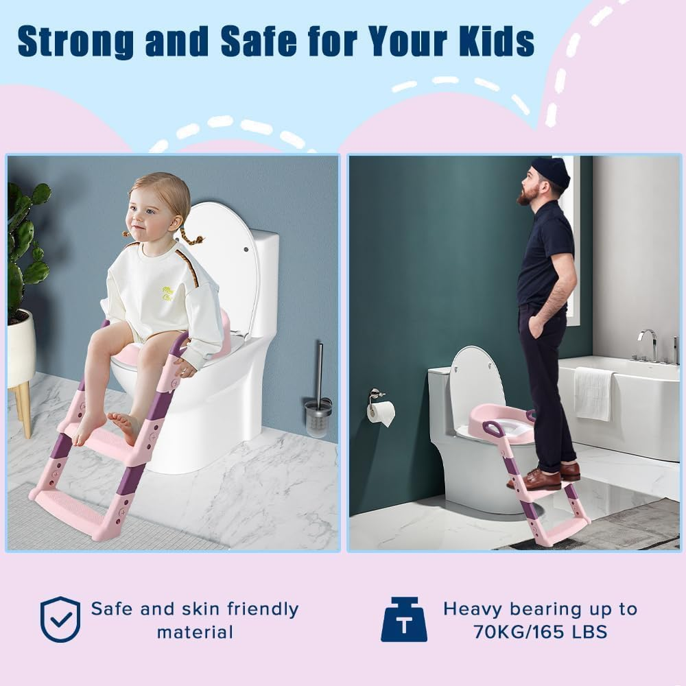 Yakiter Potty Training Seats, Kids Toilet Training Seat with Step Stool, Adjustable Height Ladder Guard Handle Soft Cushion White, Step Stool 2 in 1 Foldable Chair for Baby Toddler Boys Girls (Pink) image number 4
