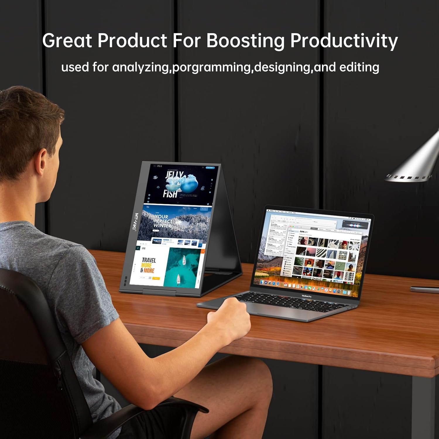 MT-VIKI 15.6" Triple Laptop Screen Extender for Win/Mac (M1,M2, M3), FHD 1080P IPS Portable Dual Monitor for 11"-16" Laptops, Only One USB-C Cable, 360&deg; Rotation (Thick-0.5Mm, Weight-3.9Lbs) image number 4