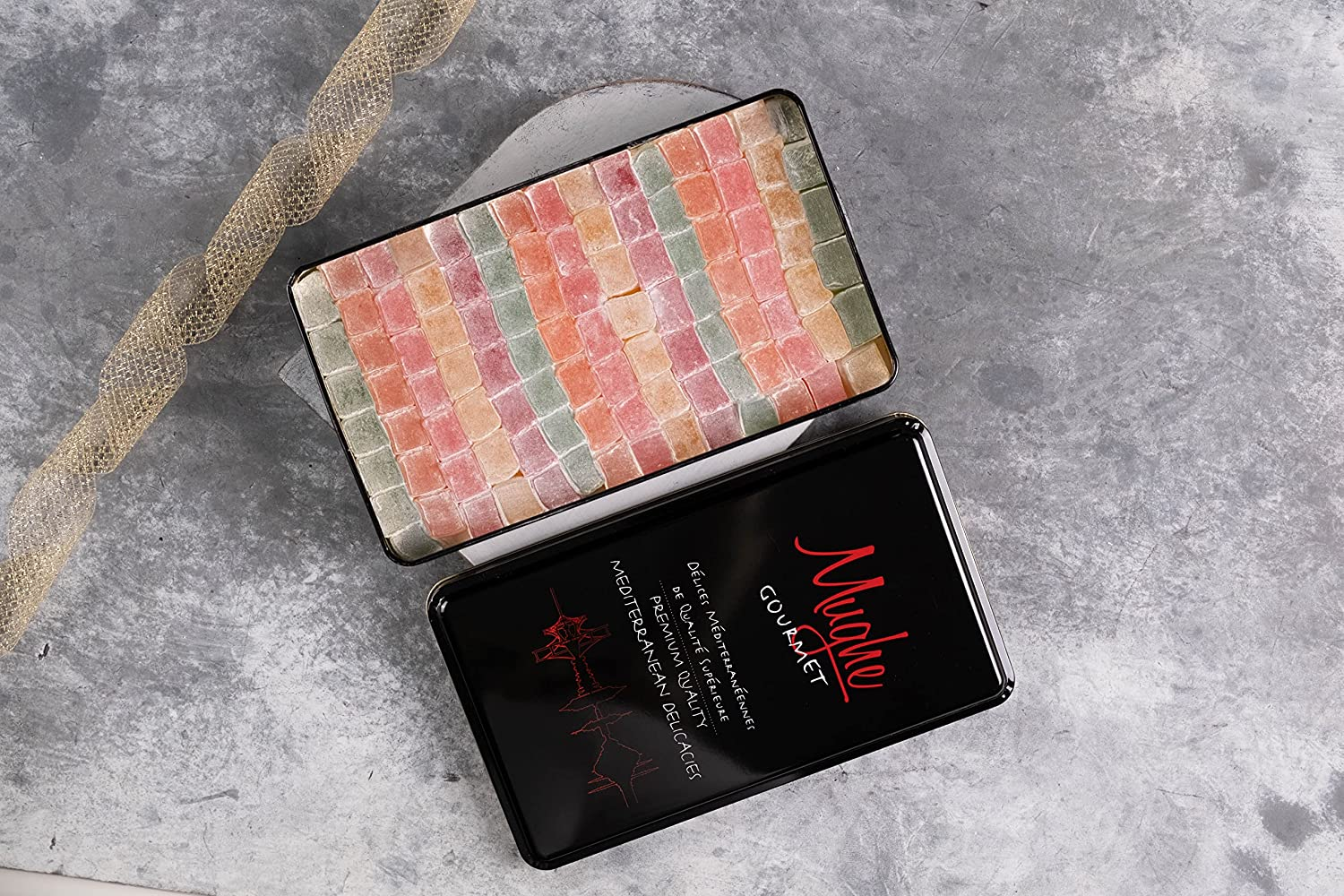 Mughe Gourmet Turkish Delight Candy Elegant Metal Box - 1.65Lbs/750Gr - Halal, Vegan Lokum Fruit Flavors Rose, Strawberry, Lemon, Orange, Mint - Perfect for Special Occasions, Christmas, Birthdays image number 5