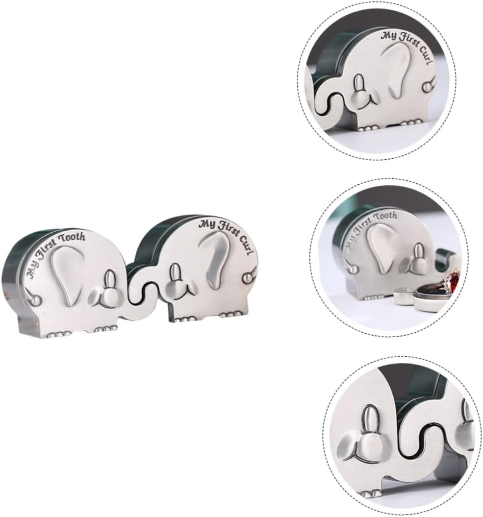 Elephant Shape First Tooth and Curl Keepsake Box for Newborns, Small Metal Baby Hair and Tooth Holder in Antique Silver for Nursery Storage and Baby Memory