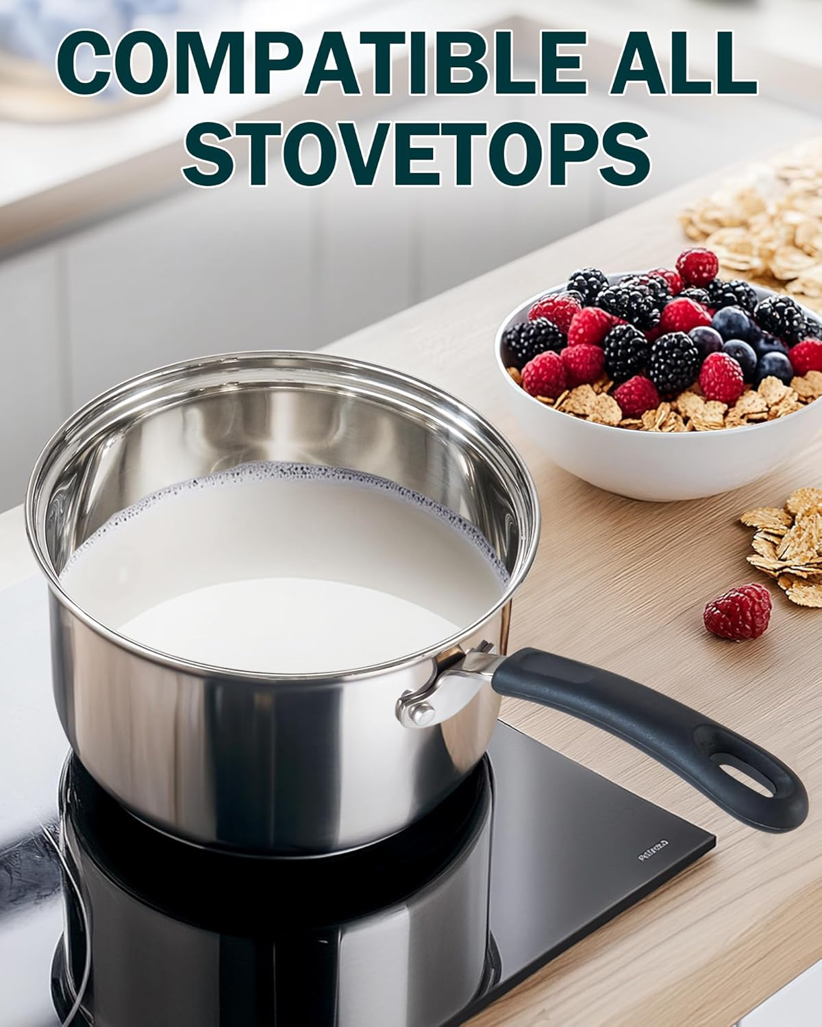 Cook N Home 02655 Professional Double Boiler Saucepan 2-Quart, 18-10 Stainless Steel Steam Melting Pot for Butter Chocolate Cheese, Tempered Glass Lid, Silver