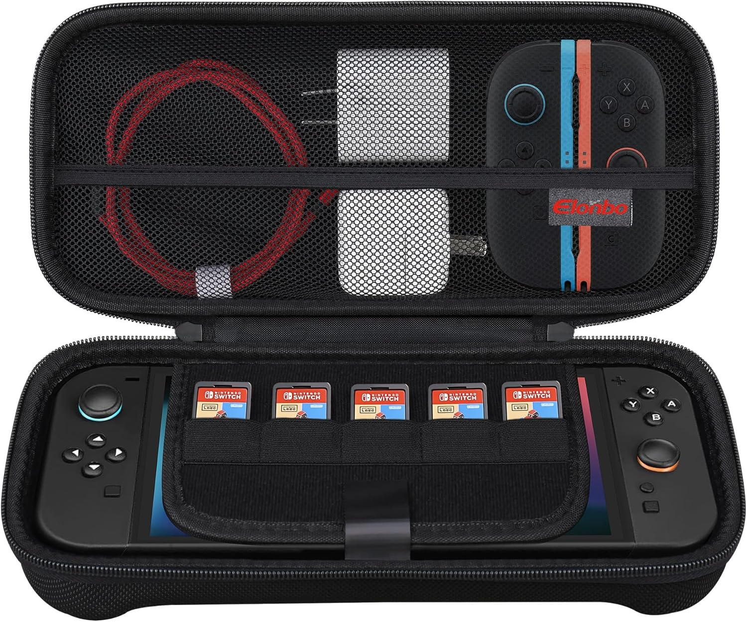 Elonbo Carrying Case for Nintendo Switch 2 (2025), Switch 2 Games Controller Grip Hard Travel Bag, Game Player Organizer Holder, Mesh Pocket Fits Joy-Con Cables, Black