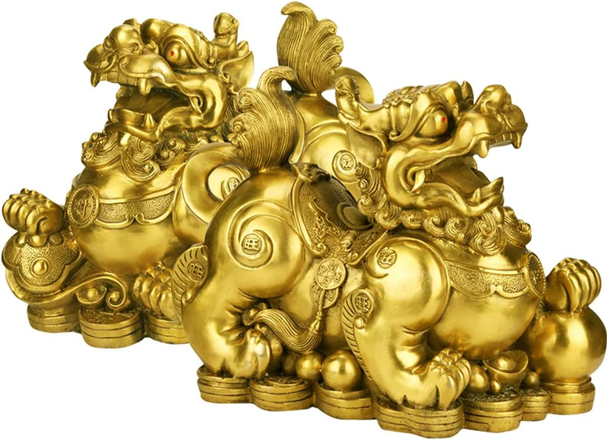 Feng Shui Pixiu/Pi Yao Brass Statue Home Decor a Pair Figurine Attract Money and Good Luck Wealth Decoration Sculpture Golden(3.2" L X 1.6" W X 2.8" H) image number 1