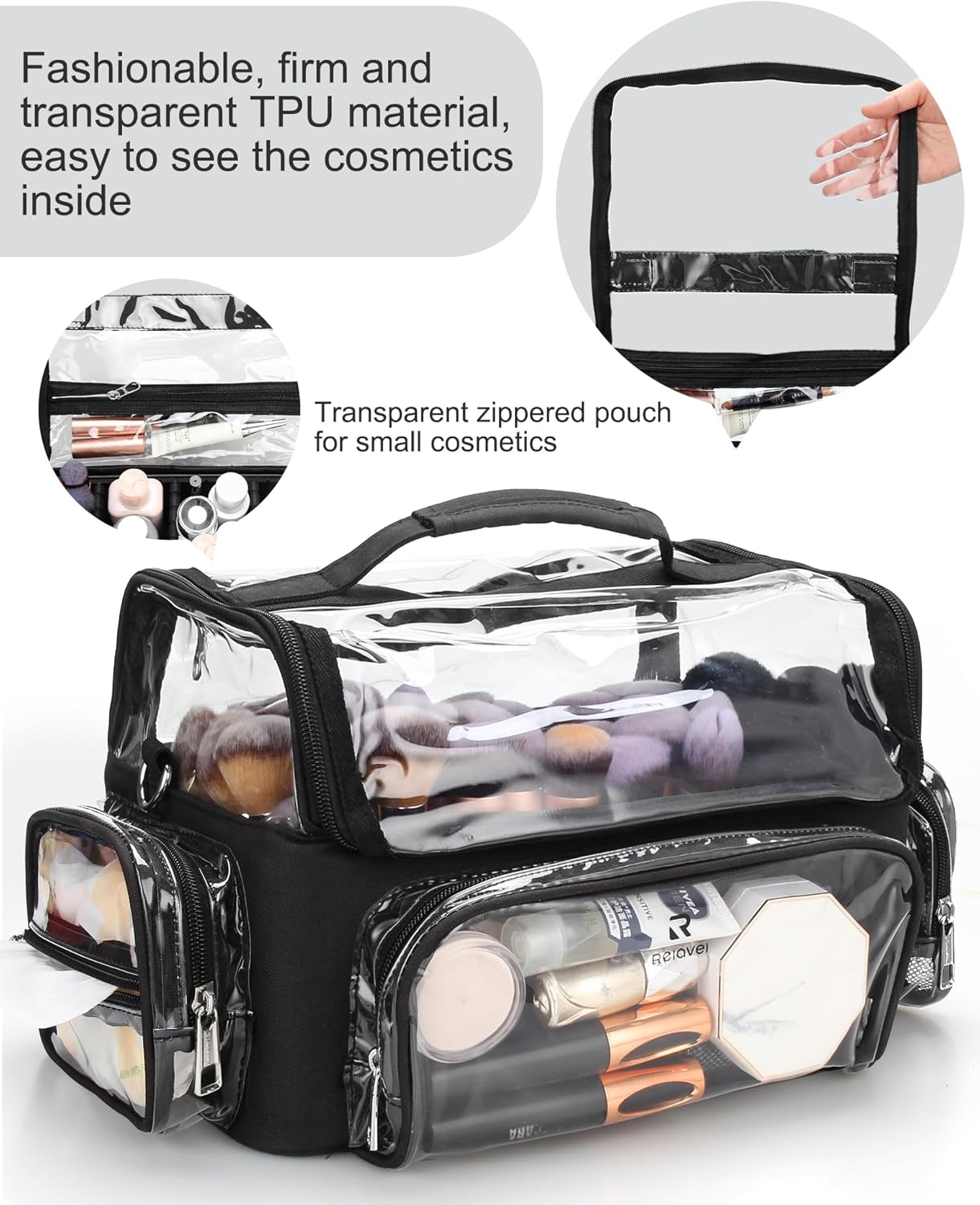 Makeup Brush Case, Large Makeup Brush Holder Professional Makeup Artist Travel Case Clear Waterproof Cosmetic Organizer Bag, with Adjustable Strap and Dividers, I Clear, X Large, Makeup Brush