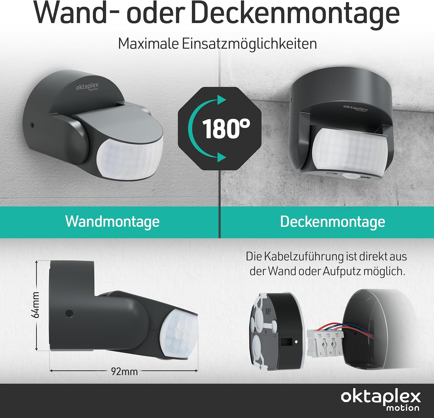 Oktaplex Bea Motion Sensor Outdoor IP65 Swivelling 180&deg; Infrared Sensor 12 M Range 230 V Anthracite with Twilight Sensor image number 3