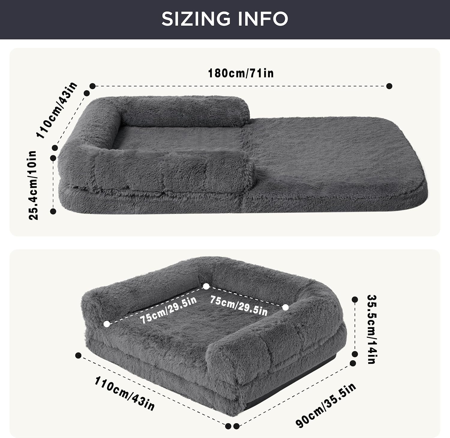 Foldable Human Dog Bed for People Adults, 2 in 1 Calming Human Size Giant Dog Bed Fits Pet Families with Egg Foam Supportive Mat and Waterproof Liner, Faux Fur Orthopedic Dog Sofa, Dark Grey image number 5