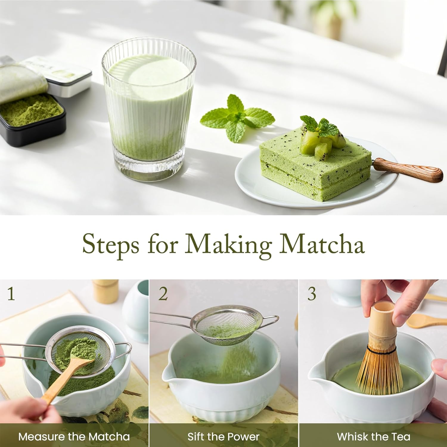 Matcha Tea Set &ndash; 8 Pcs Japanese Matcha Ceremony Kit with Matcha Bowl with Spout, Whisk (Chasen), Scoop (Chashaku),Spoon, Sifter, Tea Cloth (Chakin), Chasen Holder, Ceramic Stand for Scoop - Blush Sakura image number 5