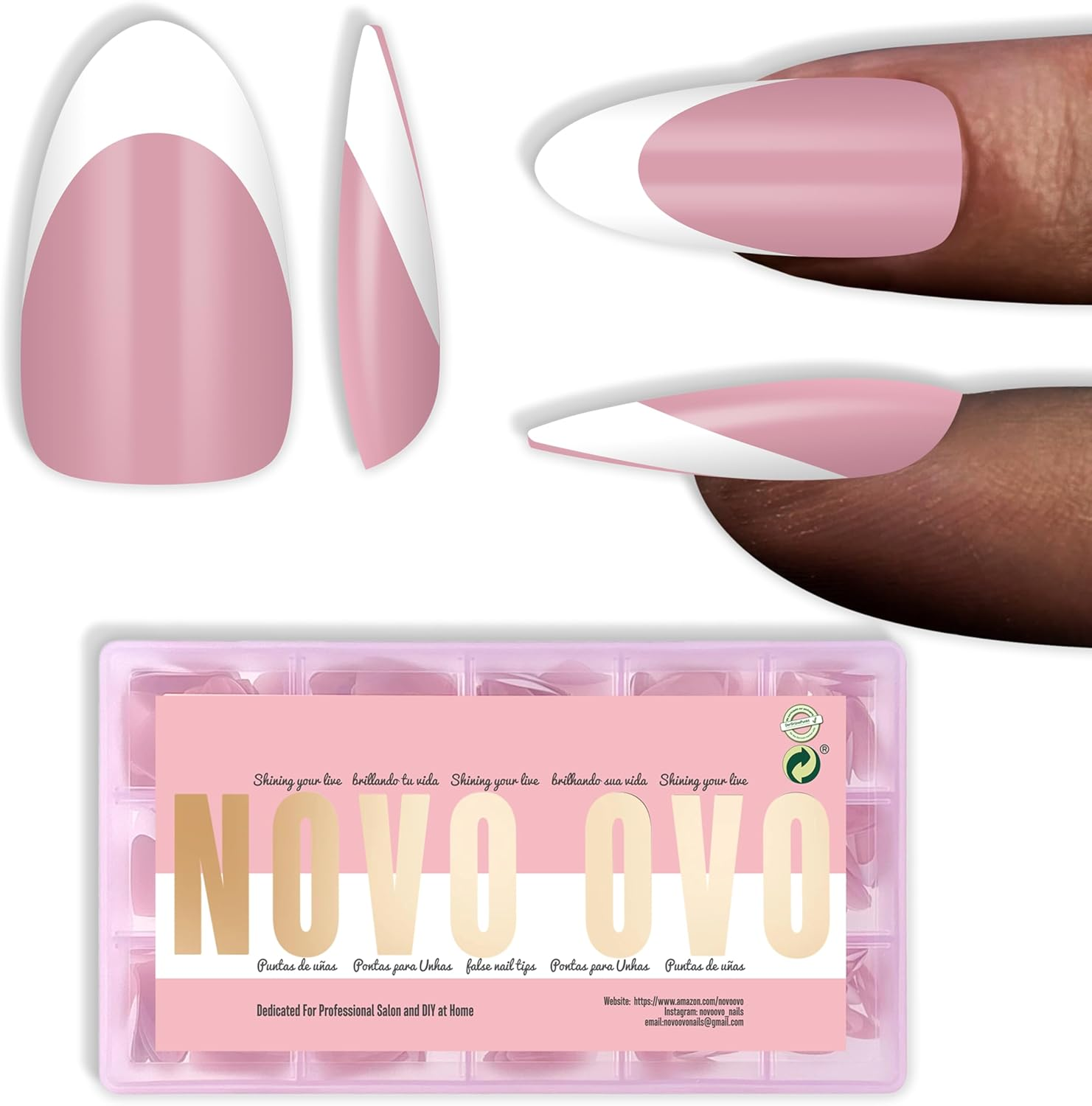 NOVO OVO White French Tip Oval Nail Tips Press on ROSE PINK, Extra Thick Medium Soft Gel Fake Nail Acrylic Extension, Need Builder Gel Top Coat, No Glue Included, for Salon DIY X 15 Sizes 240 Pcs