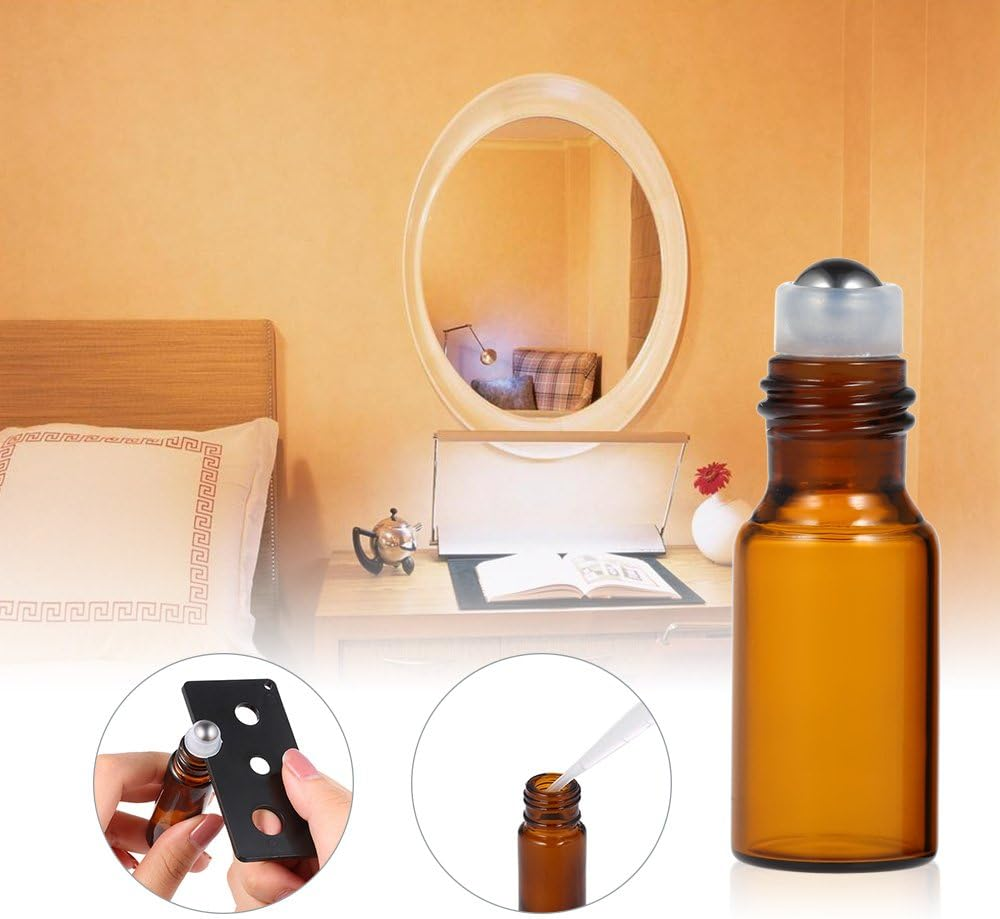 RAYWE 10 Pcs 5Ml Essential Oils Roller Bottle Amber Glass Roll-On Bottles Stainless Steel Roller Ball Essential Oil Jar with 3Ml Dropper image number 3