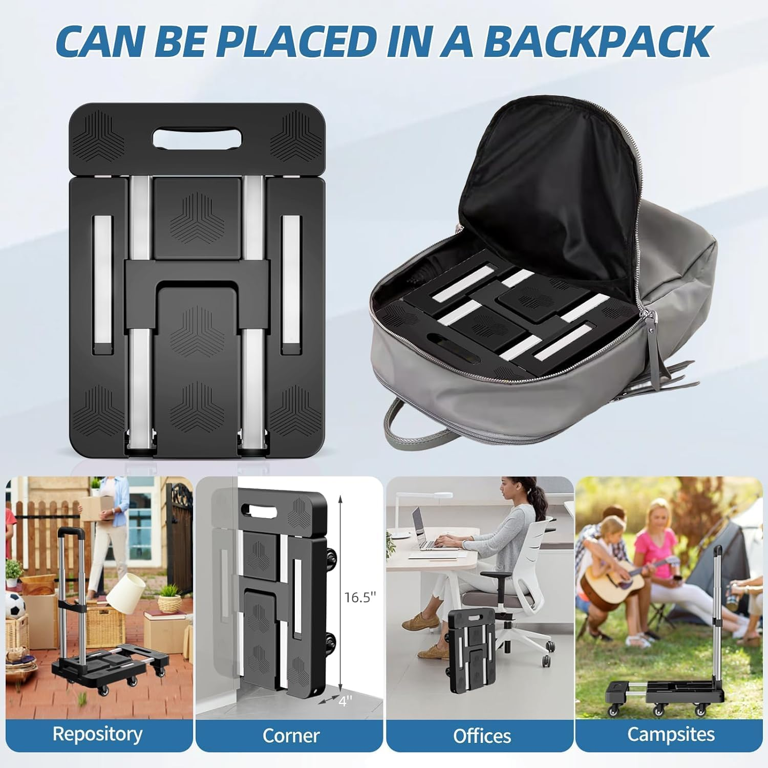 Folding Hand Truck, Foldable Cart for 500 Lbs Heavy Luggage, Hand Truck Dolly, 6-Wheel Foldable Dolly with 2 Ropes, Ideal for Home, Office, and Travel Moving (Black) image number 5