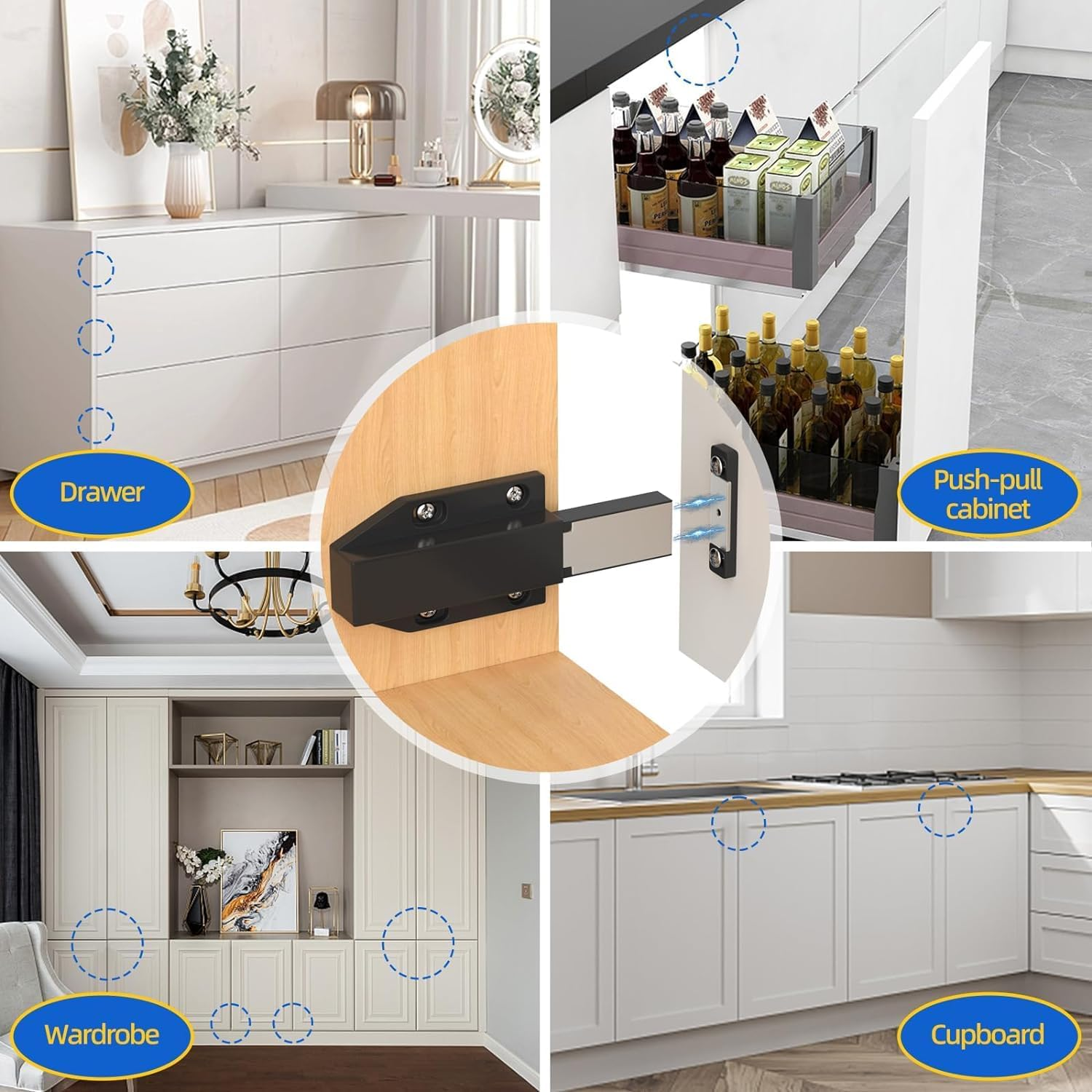 4Pcs Magnetic Push Latch, Push to Open Cabinet Catch Hardware for Large Doors Cabinet Cupboard Drawer Pop Out Latch, Push Latch Cabinet Catch for Doors Drawers Cupboard(Black) image number 6