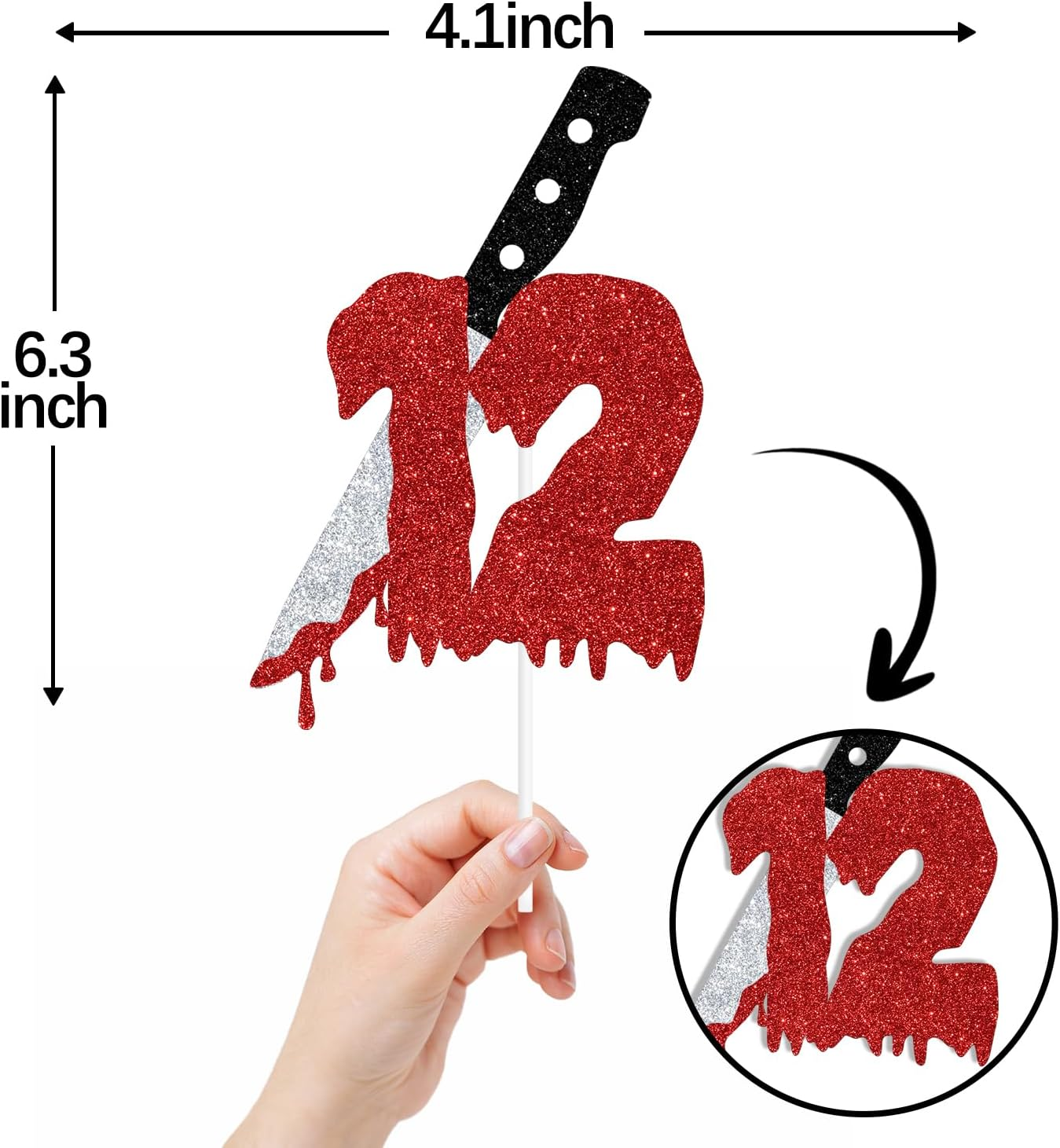 Red Glitter Killer 12 Cake Topper, Killer Happy 12Th Birthday/Have a Killer Birthday, Horror Blood Knife 12Th Birthday Party Decorations Supplies image number 2