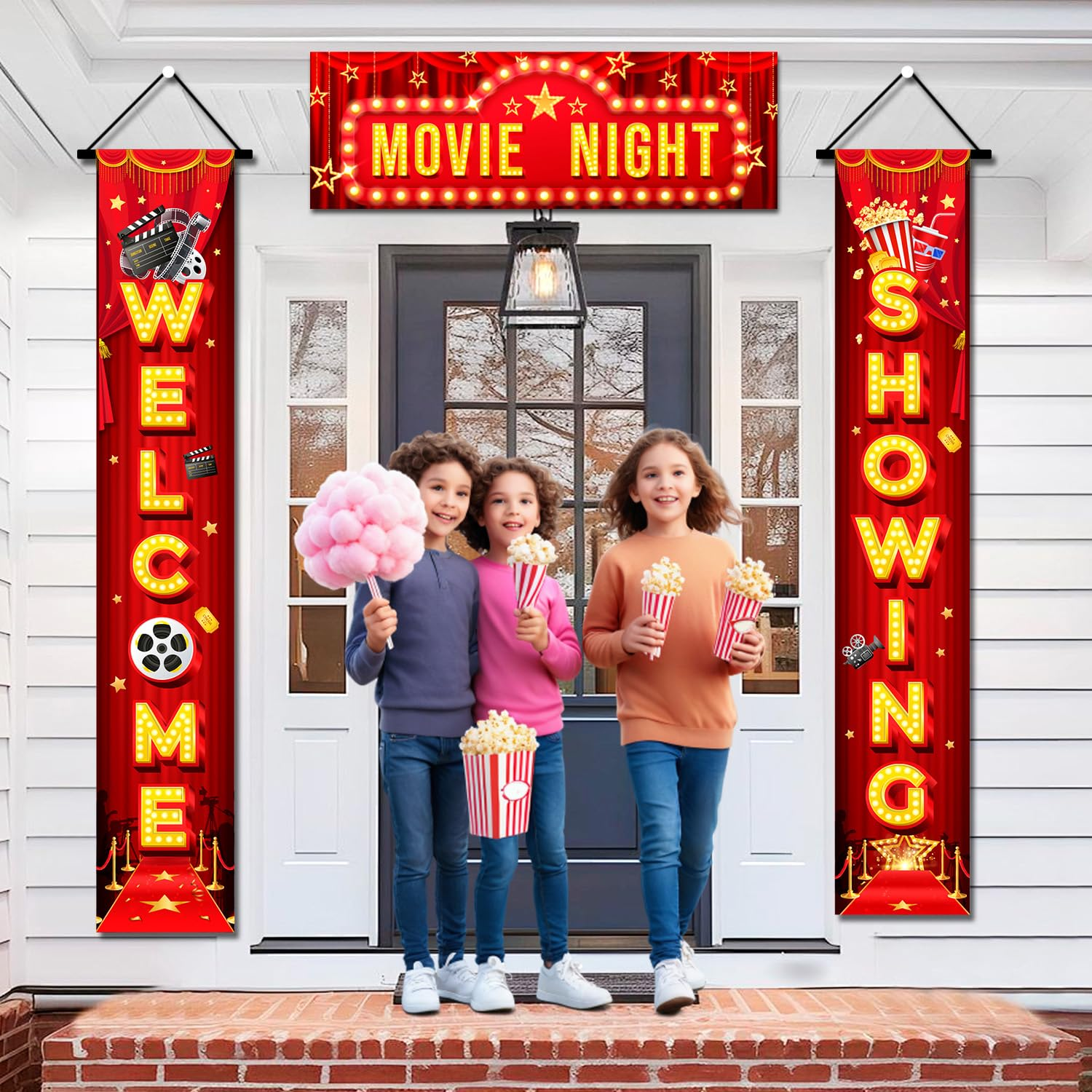 Movie Night Porch Sign Banner, 2 Pcs Movie Night Porch Banner Theme Door Banner & 1 Pcs Door Top Banner for Birthday Party Decorations image number 4