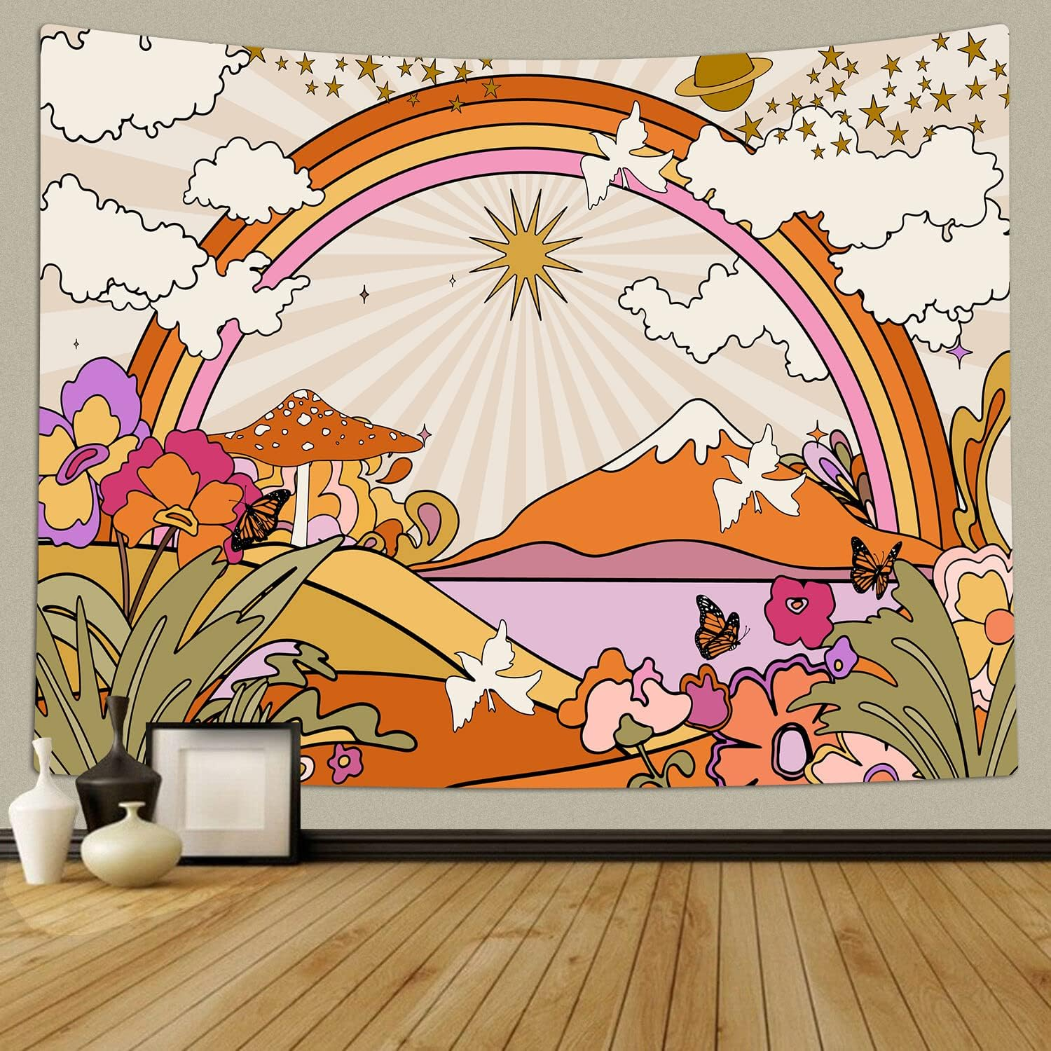 TOMOZ Vintage 70S 60S Groovy Tapestry, Retro Flowers Clouds Sun and Rainbow Tapestry Wall Hanging, Orange Boho Aesthetic Tapestry for Bedroom Living Room Dorm Decor 60 X 51Inch image number 5