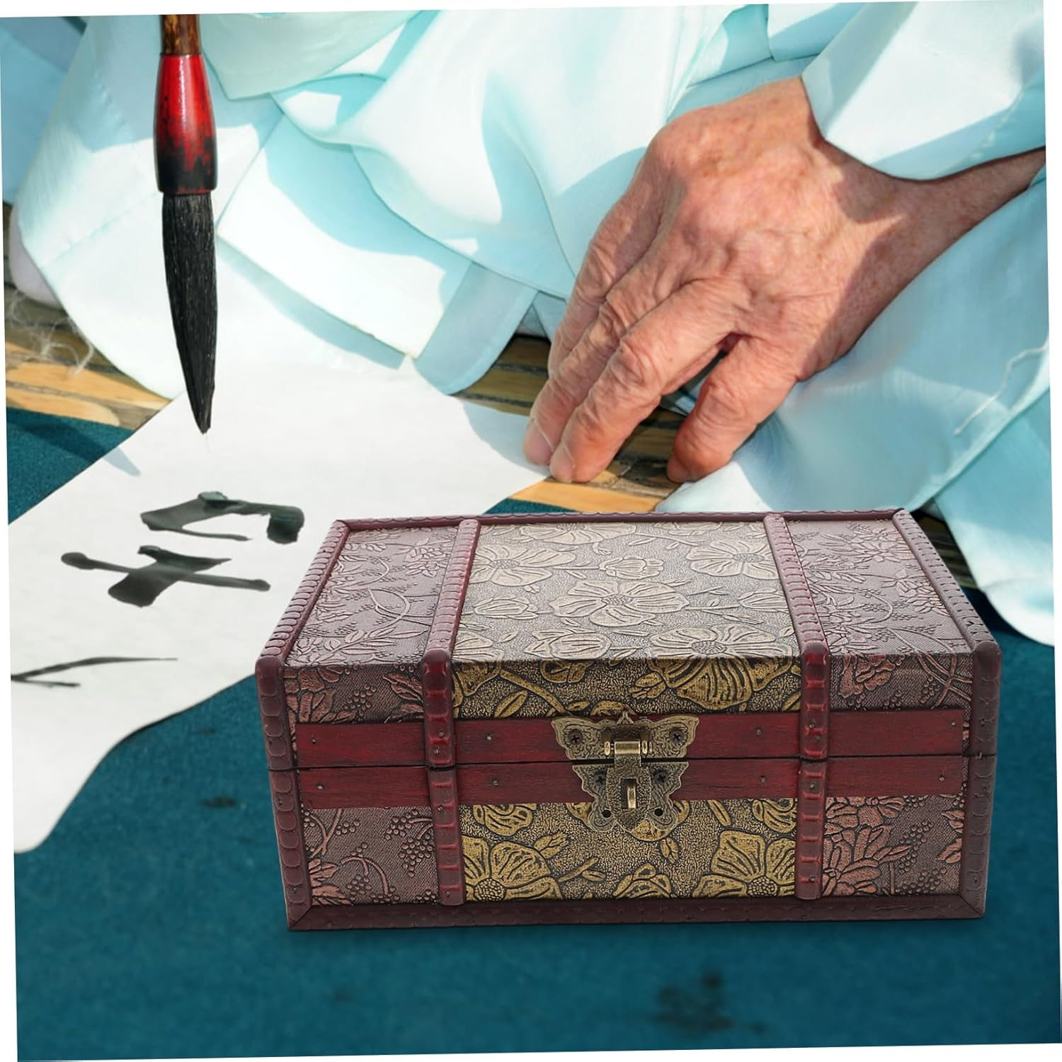 Wooden Bible Storage Box Lock Small Rectangular Wood Case Decorative Book Trinket Holder for Document and Organization Desktop Supply image number 4