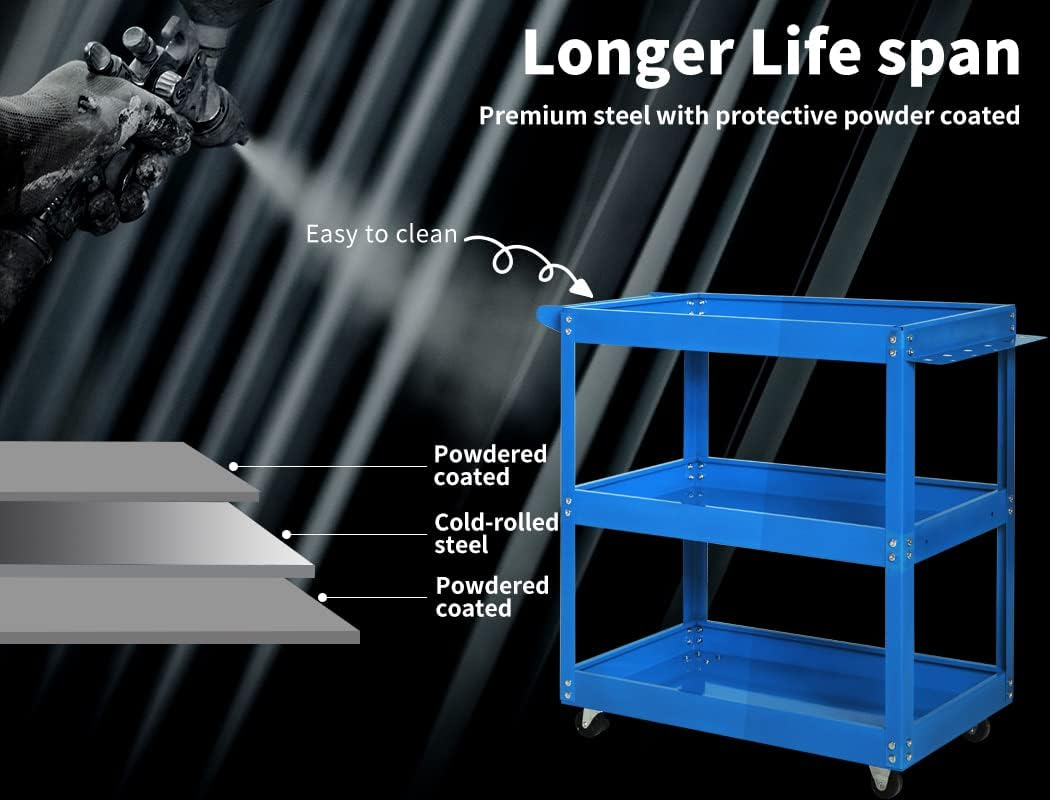 Traderight Tool Cart Trolley 3-Tier Toolbox Workshop Garage Storage Organiser with Wheels, Steel Utility Rolling Cabinet for Mechanics, 150 Kg Load Capacity, Lockable Drawers, Blue image number 4