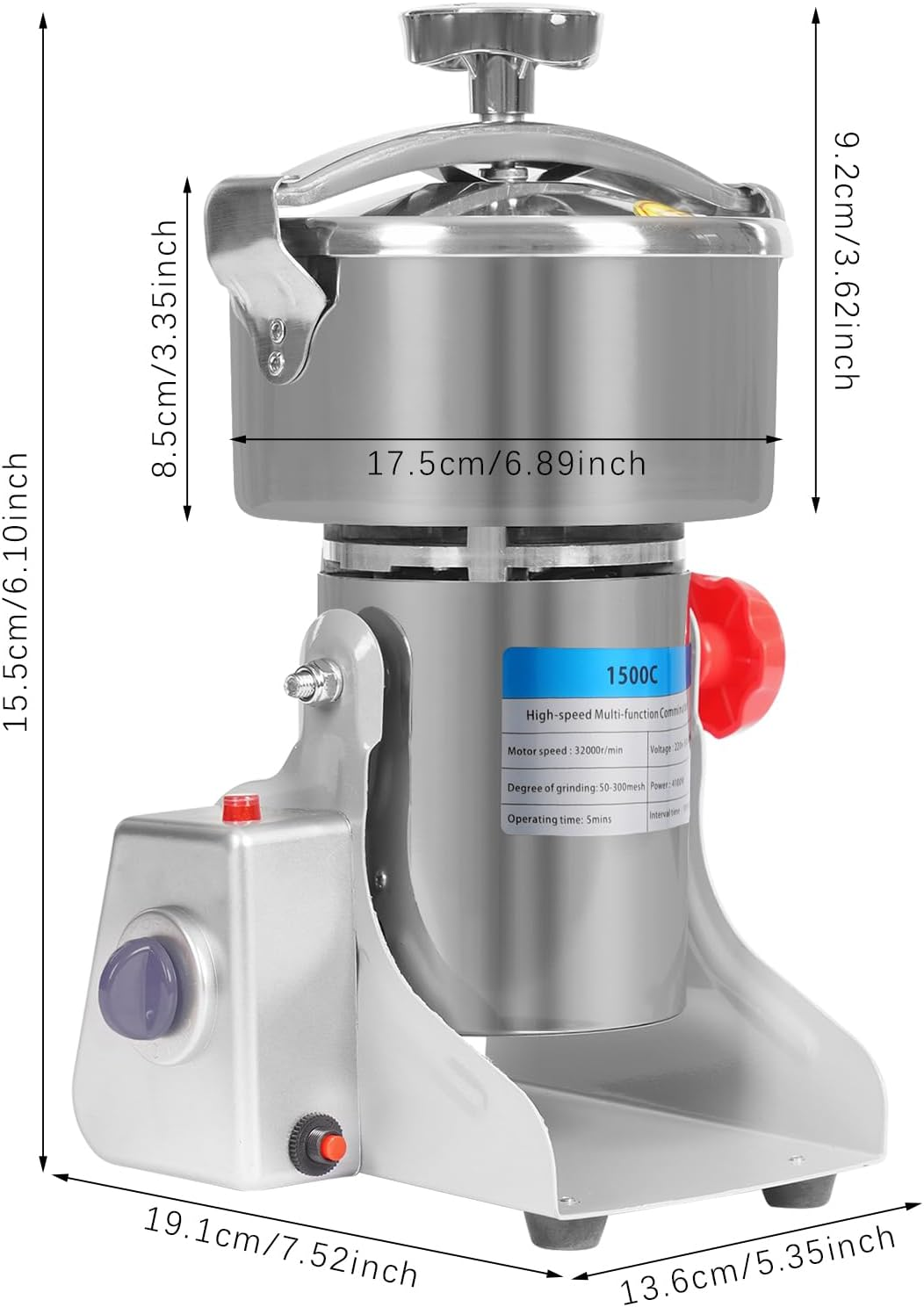 Electric Grain Mill Grinder, 1500G High Speed Commercial Dry Grain Grinder W/Pressured Lid, 4100W 304 Stainless Steel Spice Grinders for Grains, Millet & Spices for Commercial & Home Use image number 5