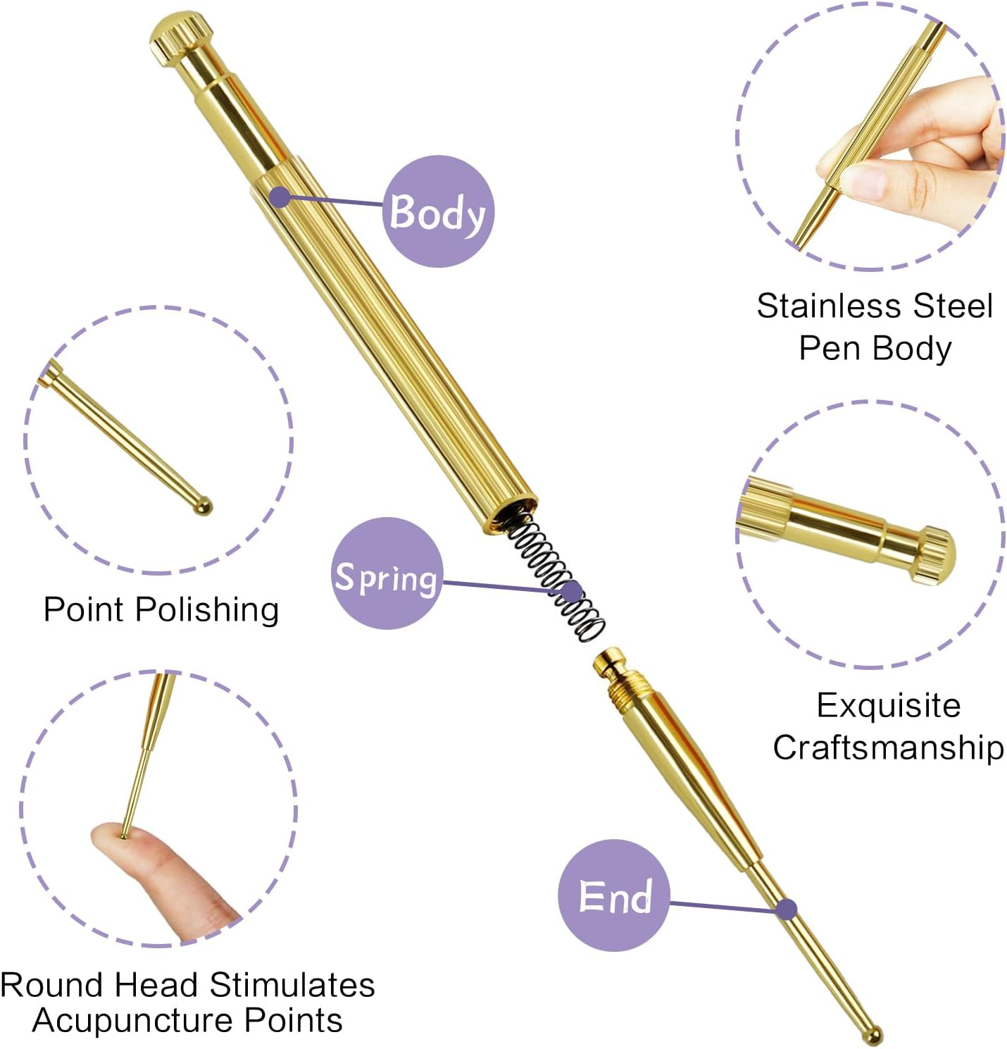 BLMHTWO 2 Pieces Acupressure Pen, Dual Head Reflexology Acupuncture Pen Deep Tissue Massage Stainless Steel Retractable Ear and Body Point Probe Pen for Home SPA (Gold and Sliver) image number 1