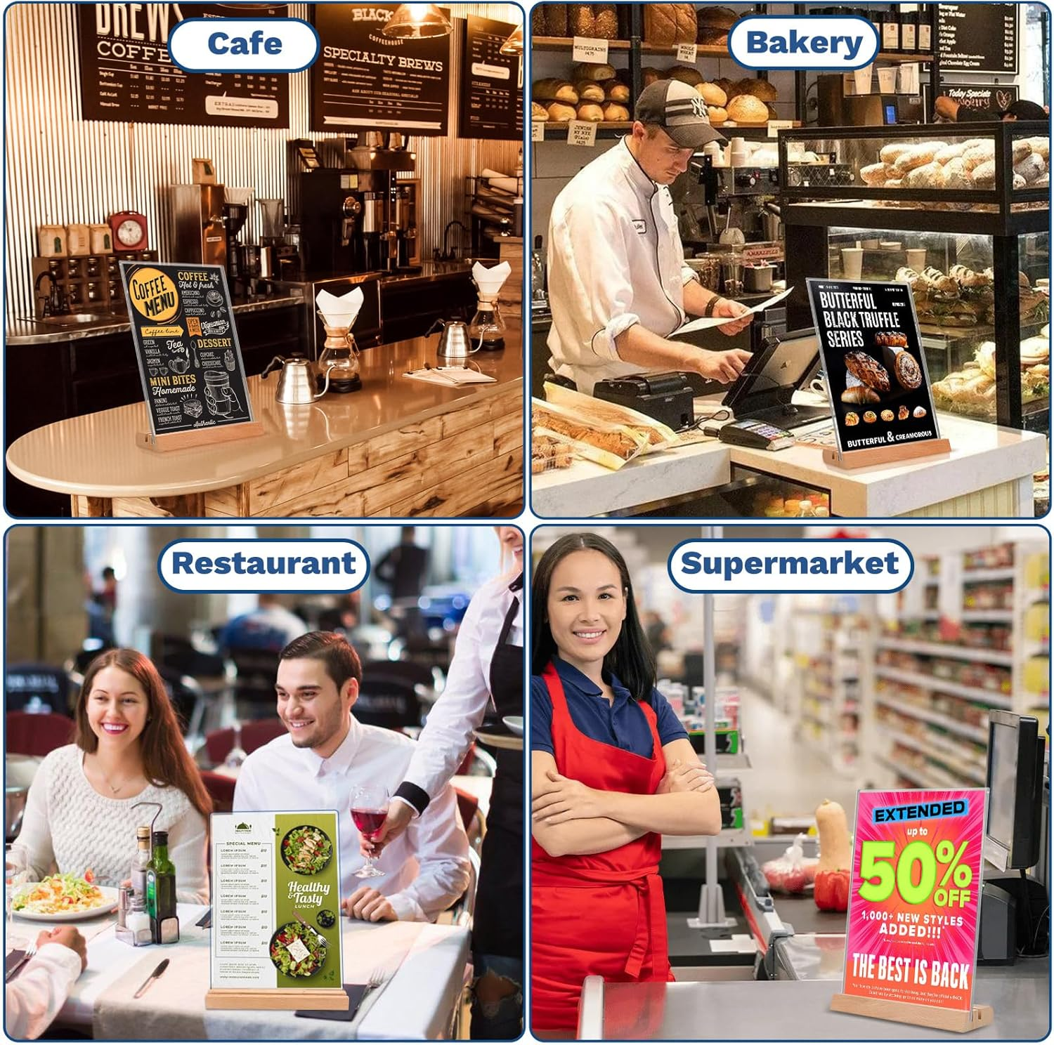 3 Pack A4 Acrylic Sign Holder, Wooden Base Table Number Holder, Doubel-Sided Menu Display Stand, Clear Signage Holder for Wedding, Vendor Booth, Farmer Market Small Business Retail Display image number 1