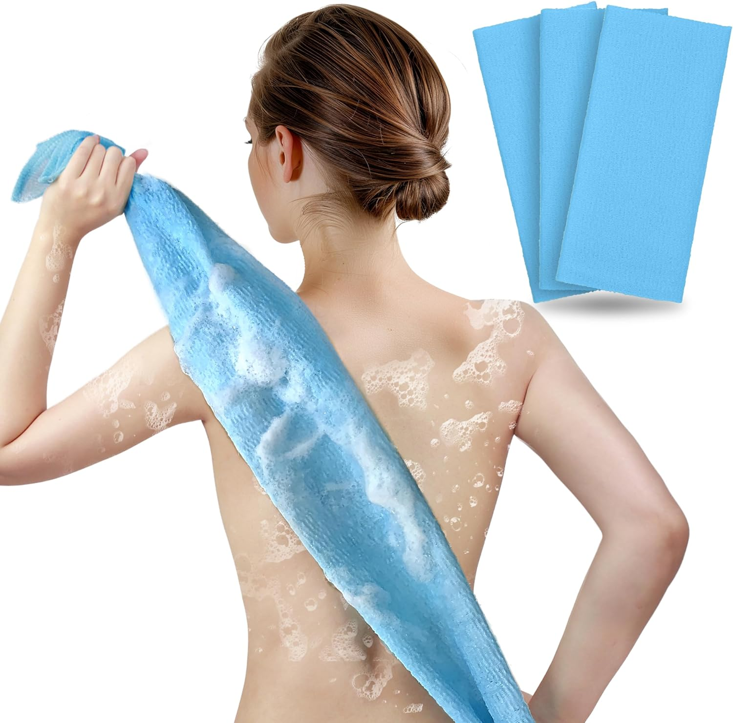 ARCH&M Exfoliating Washcloth Towel Japanese Washcloth Nylon Bath Wash Towel Korean Exfoliating Towel Beauty Washcloth Sponge Loofah Body Scrub Back Scrubber for Shower Cloth 3 Pack by (Blue X 3) image number 1