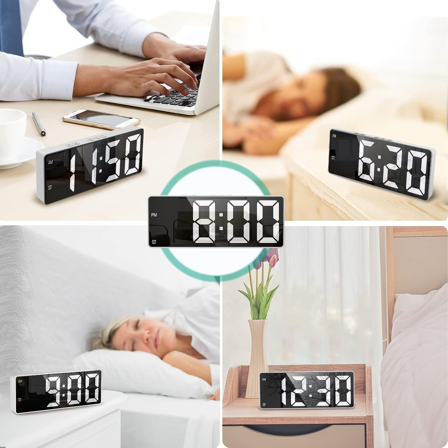 ORIA Digital Alarm Clock, LED Alarm Clock with Large Display, Desk Clock with Temperature, Dual Alarm, Snooze, Sound Control Function, USB Charging Bedside Clock for Bedroom, Office -White image number 3