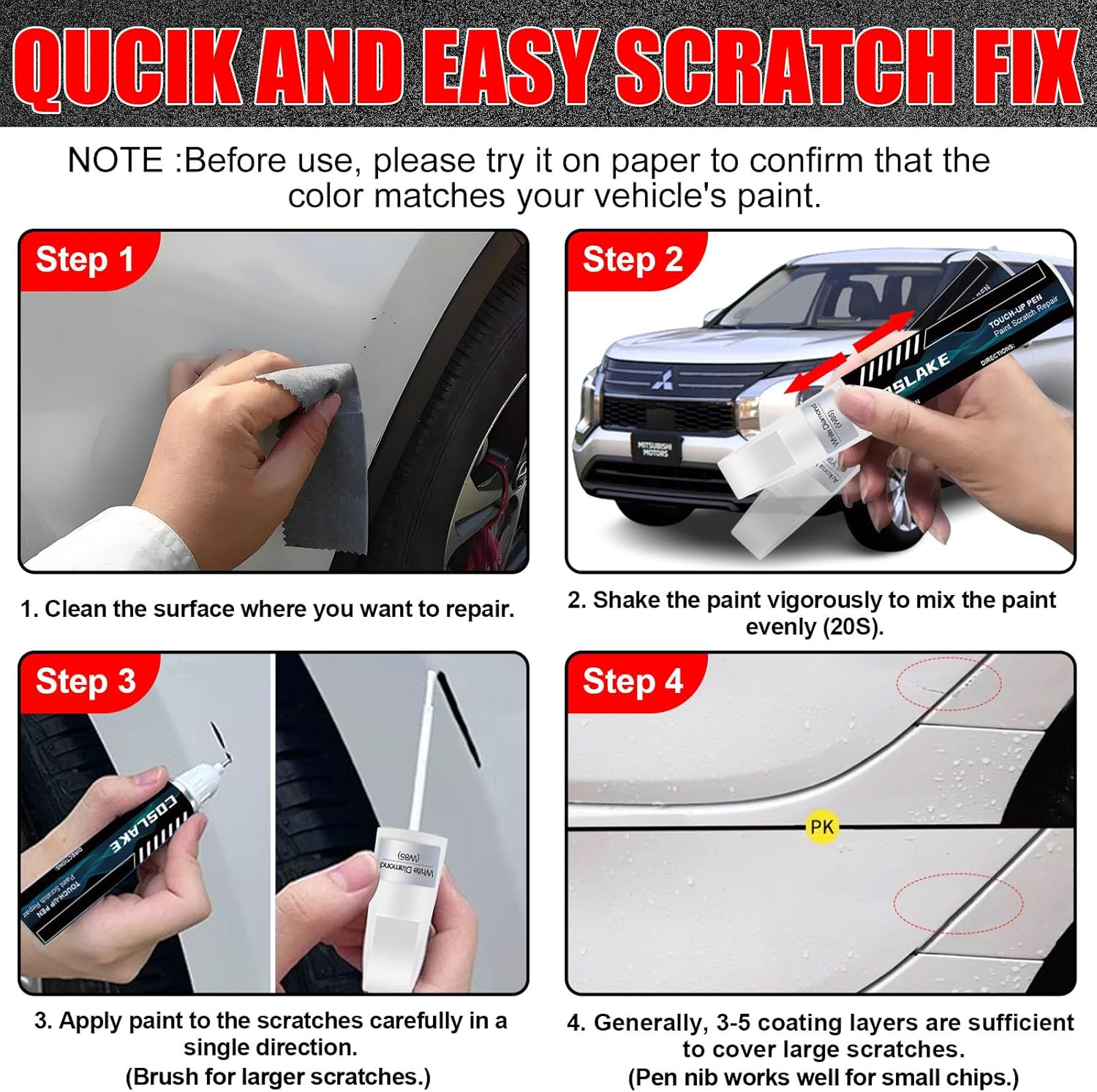 Car Touch up Paint(White Diamond(W85)) for Mitsubishi, Car Paint Scratch Repair Kit, Quick & Easy Solution to Repair, 2 in 1 Scratch Remover Pen with 2PCS Disposable Micro Applicators