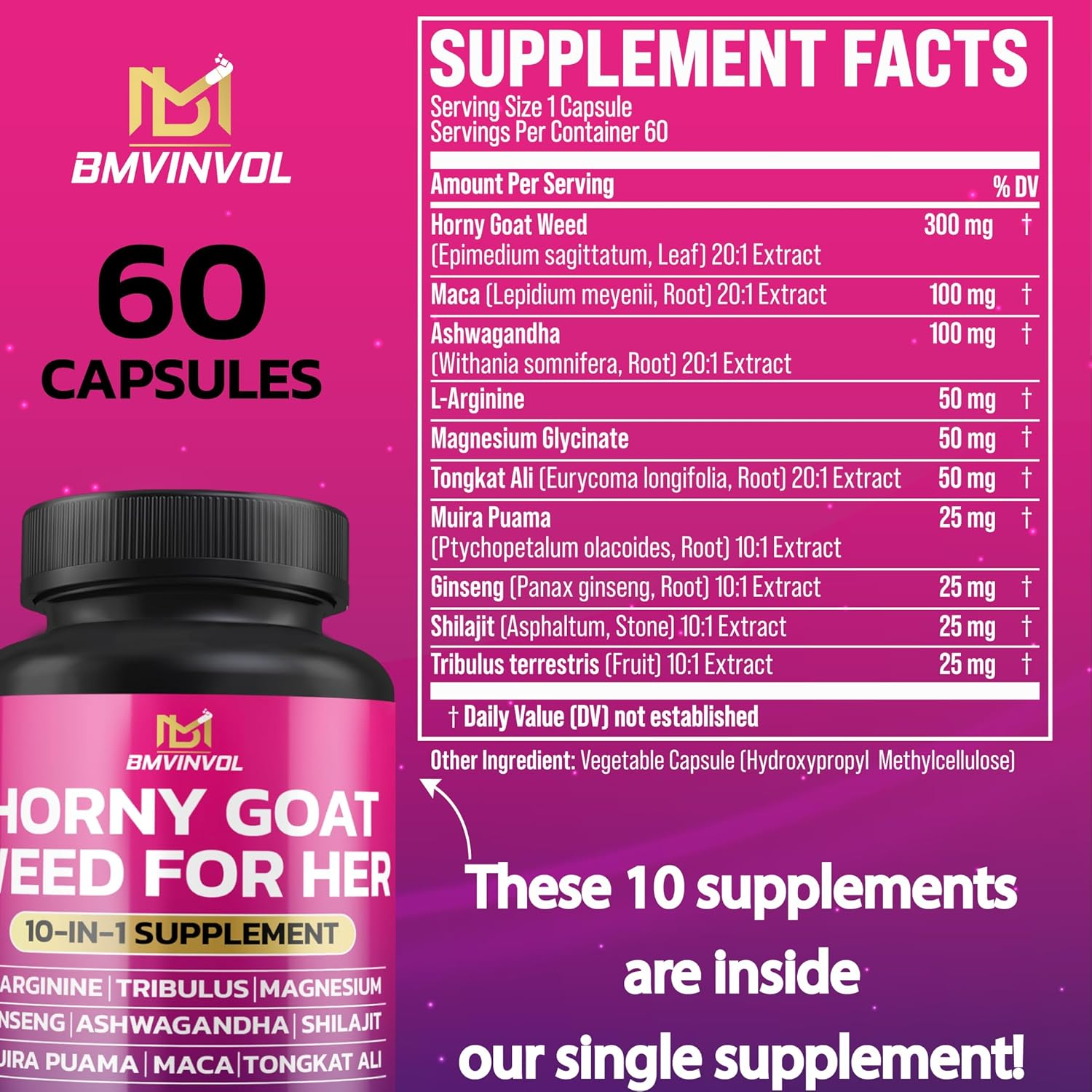 10-In-1 Horny Goat Weed for Her - Maca, Ashwagandha, Magnesium Glycinate, Tongkat Ali, Muira Puama, Ginseng, Shilajit, Tribulus Terrestris - 60 Capsules image number 3