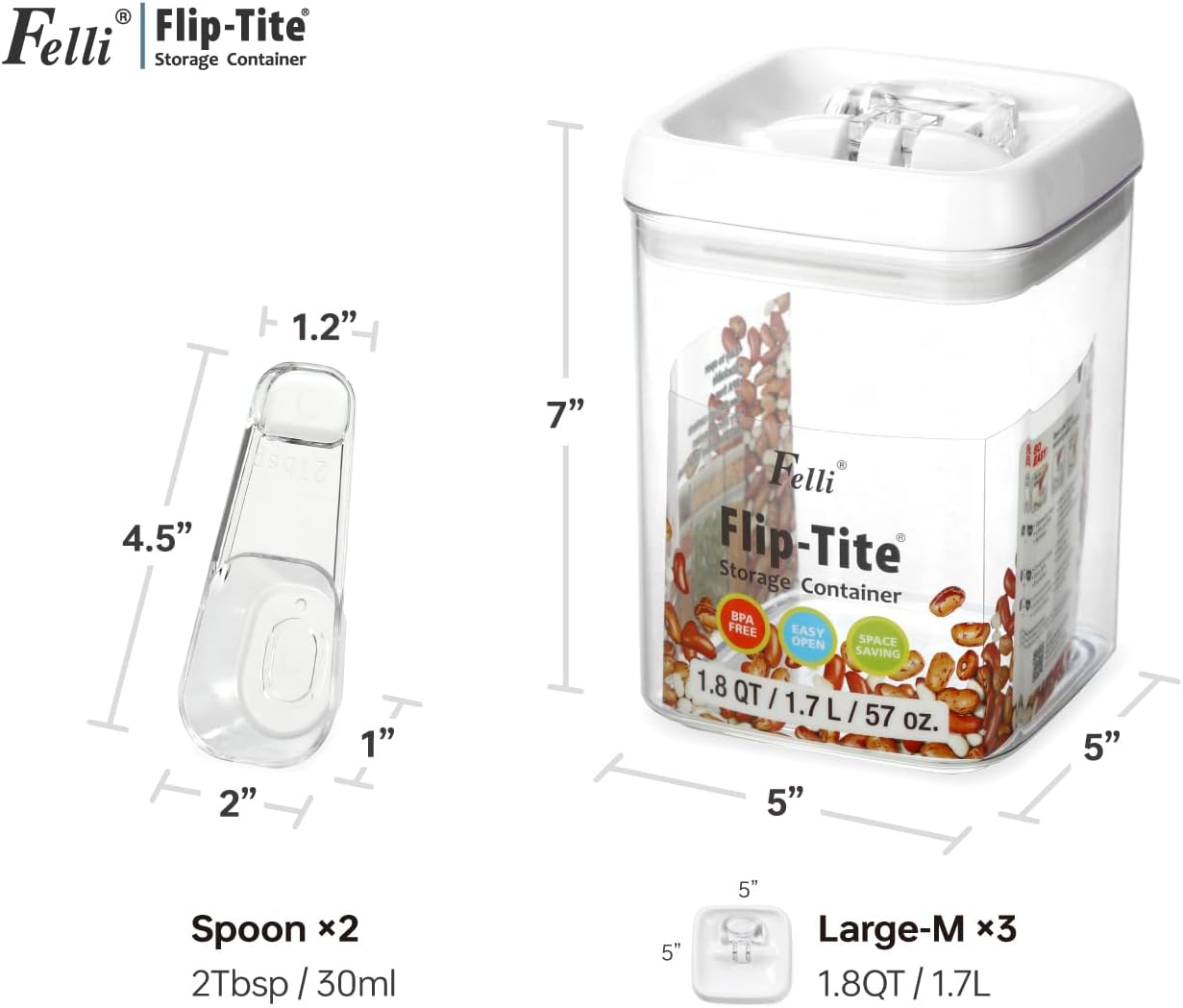 Felli Flip Tite Food Storage Container with Lid Air Tight 5&rdquo; LARGE-M Lock Top Stackable Acrylic Canister Set for the Kitchen Pantry Clear Jar Organizing Sugar Flour Powder Protein Organizer (1.8 Qt) image number 4
