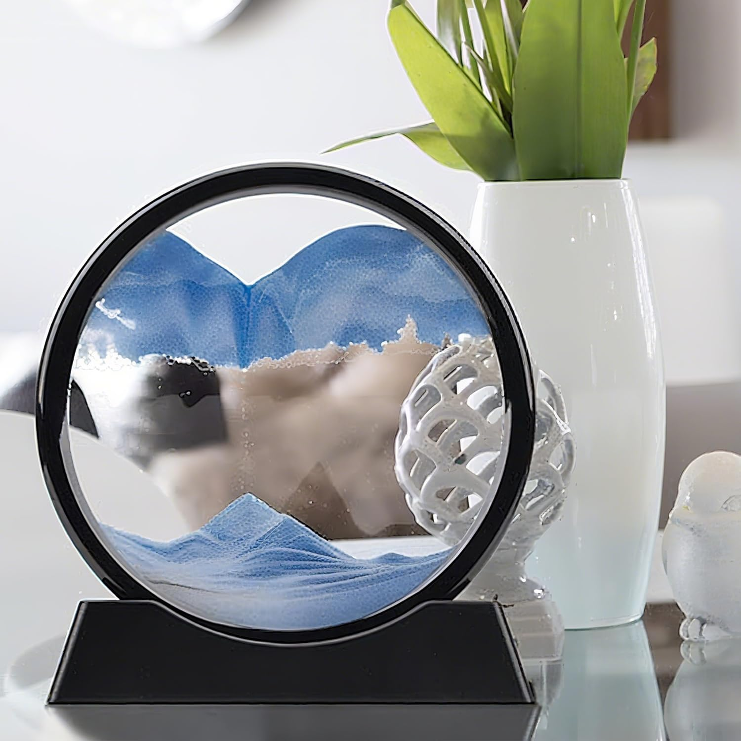 Moving Sand Art Picture in Motion round Glass 3D Deep Sea Landscape, Dynamic Sand Sandscapes, Sensory Relaxing Desktop Table Decor Desk Decor Art Desk (Bule) image number 1