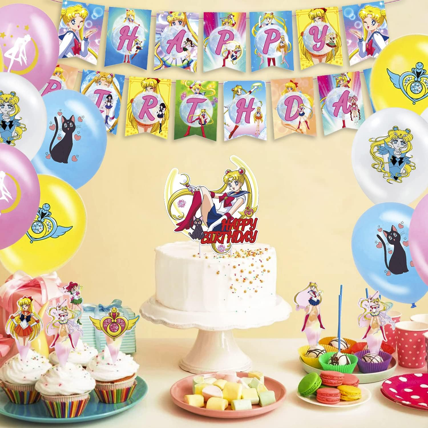 Sailor Moon Birthday Party Decoration Set - 34 Pieces Including Balloons, Happy Birthday Banner, Cake and Cupcake Decorations for Children'S Theme Party image number 2