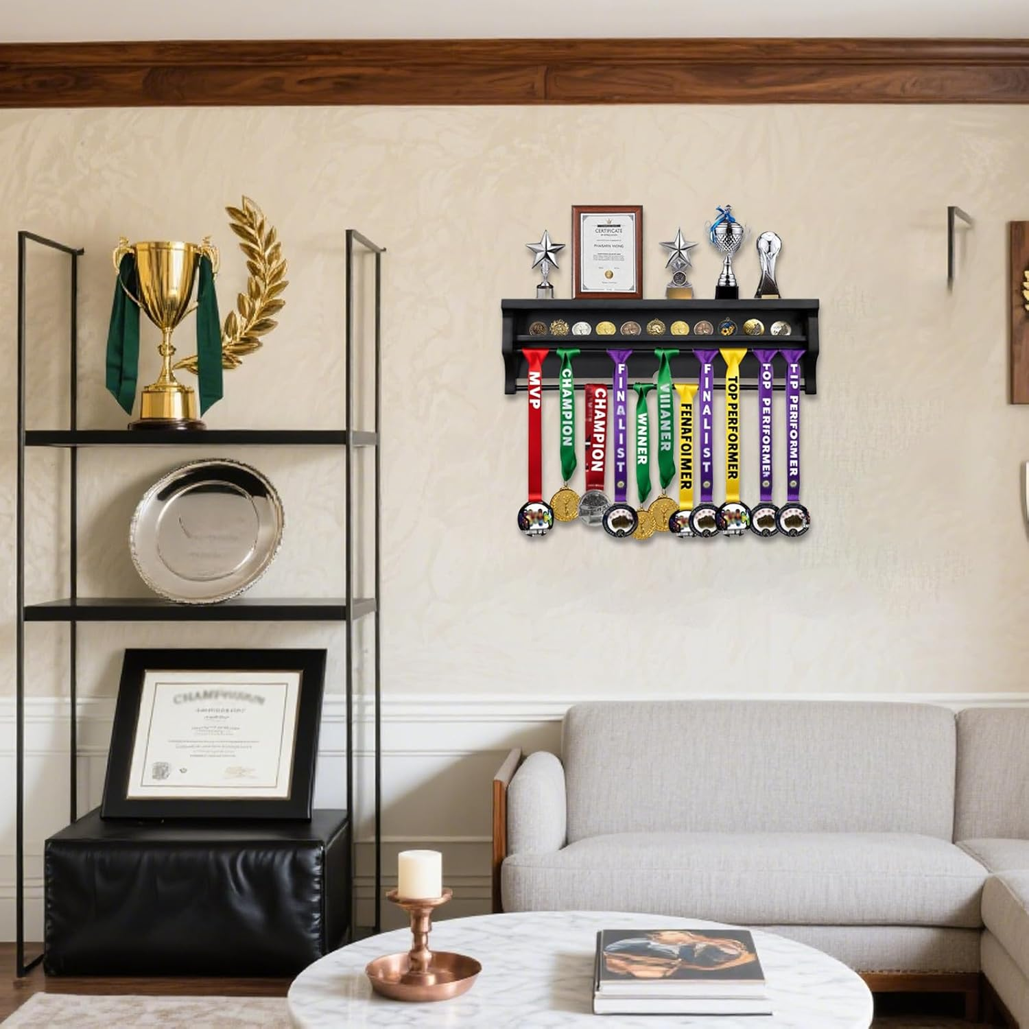 Solid Wood Medal Hanger Display, Wall - Mounted Holder for Sports Achievements Gymnastics, Soccer with Bib Board for Marathon Keepsakes image number 2