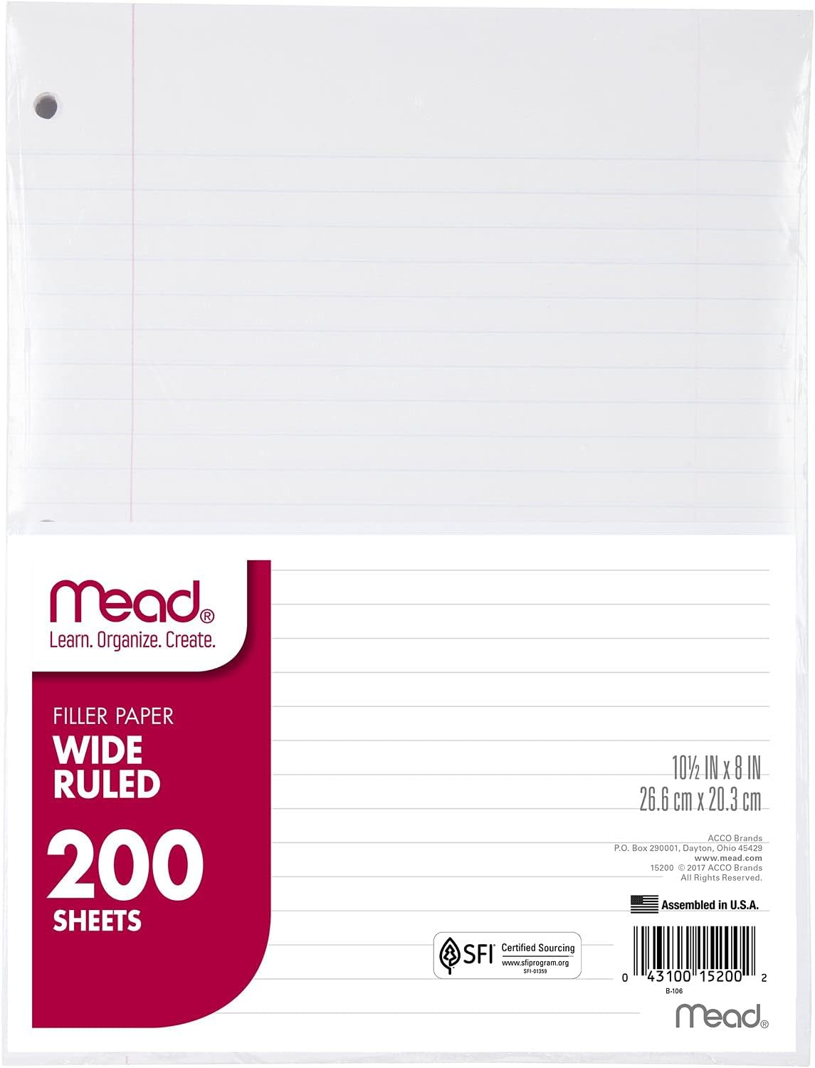 Mead Loose Leaf Paper, Notebook Paper, Wide Ruled Filler Paper, Standard, 8 X 10.5, 200 Sheets (15200) White