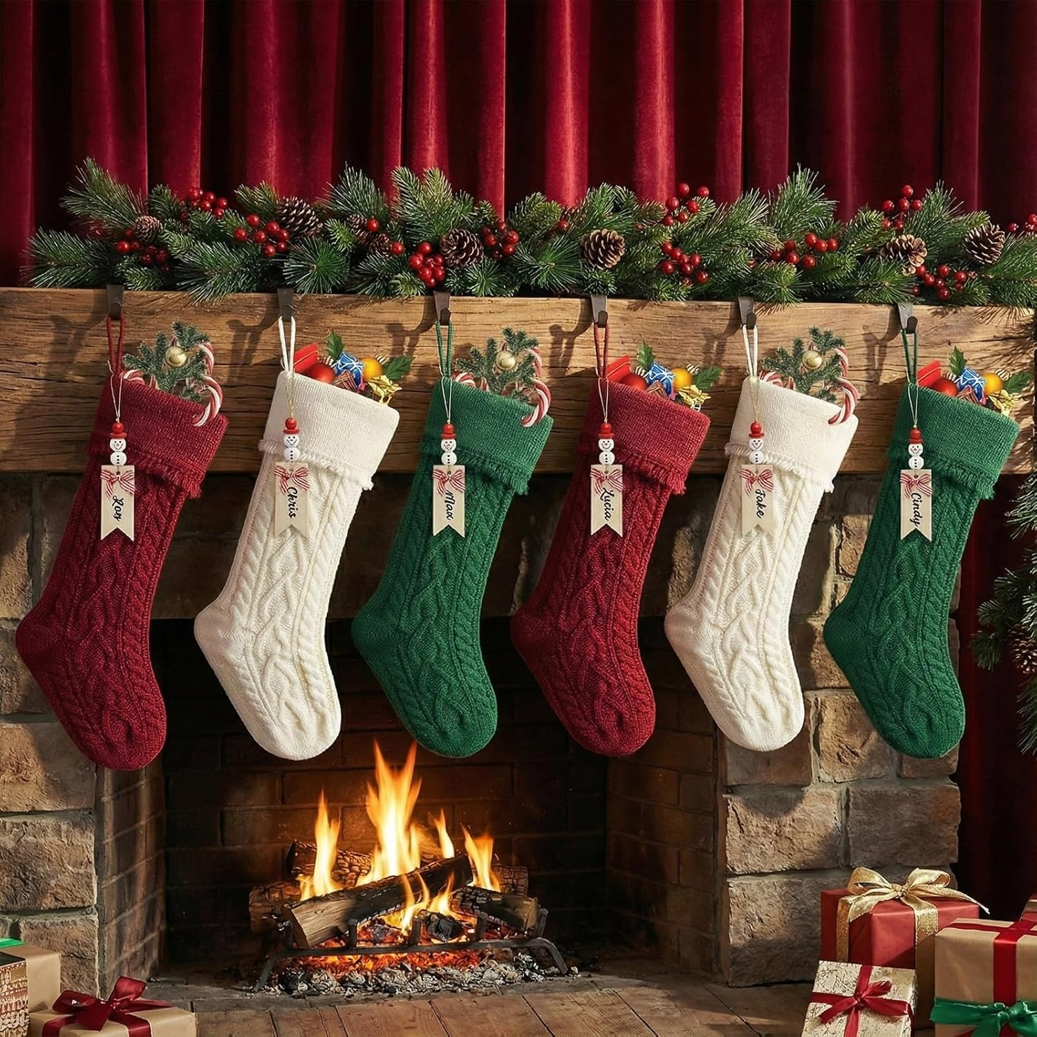 4 Pack Christmas Stocking,18 Inches Classic Deer Xmas Cuff Stockings,Classic Large Stocking Decorations for Family Holiday Season Decor - Ivory image number 5