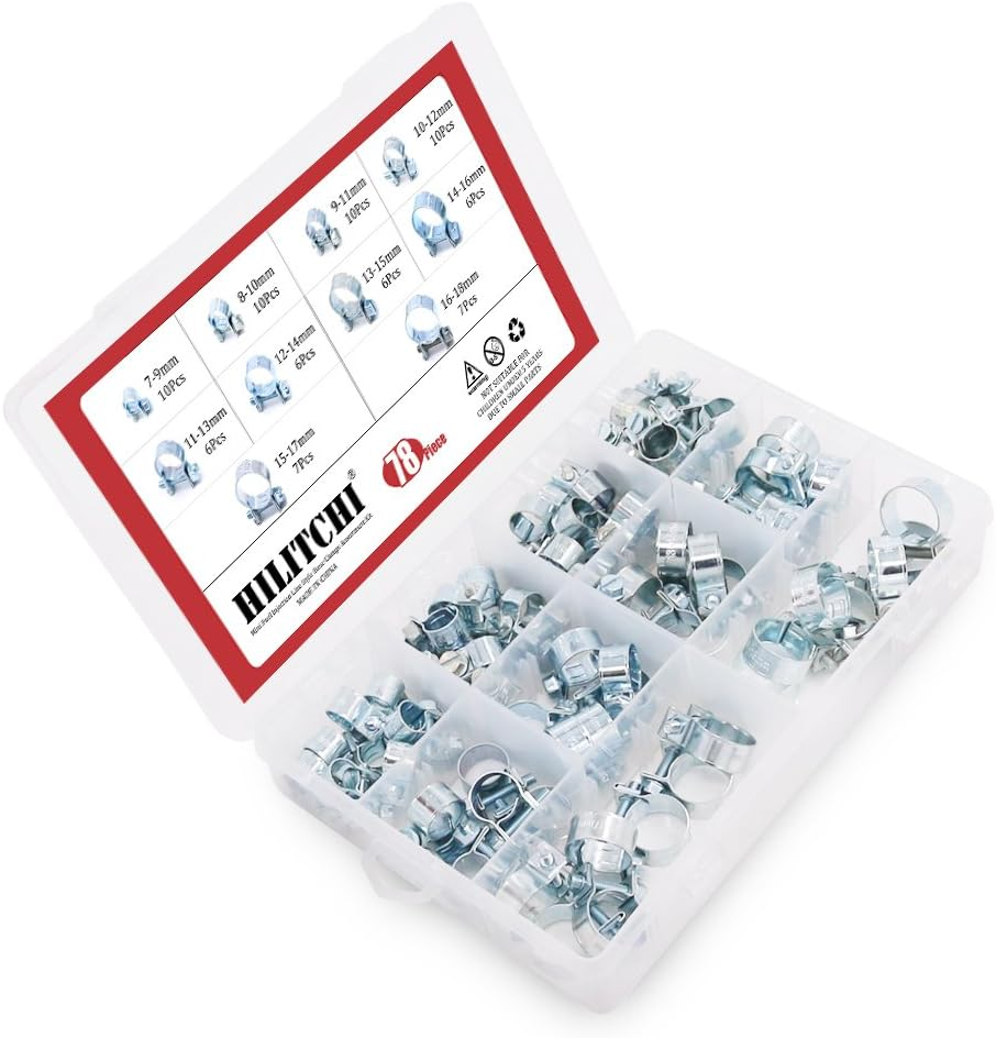 Hilitchi 78-Pcs Mini Fuel Injection Line Style Hose Clamps Assortment Kit - 10 Kinds of Size