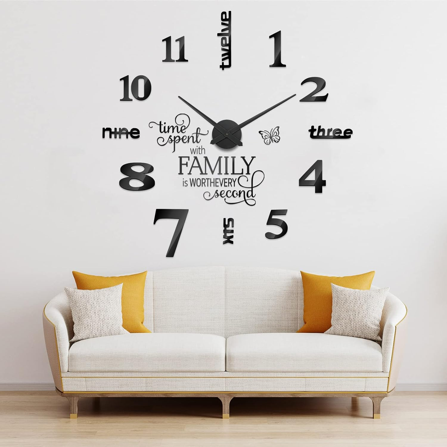 Junkin 3D Large Frameless DIY Wall Clock,Modern Decor Family Quote Wall Stickers Clock Kit for Home Living Room Bedroom Office Wall Decorations Adjustable Size (Silver)