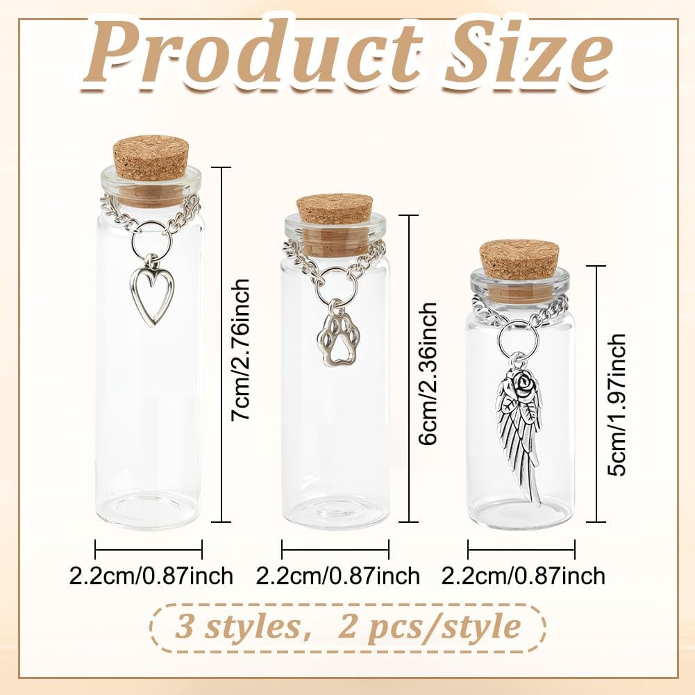 WEBEEDY 6 Pcs Pet Memorial Glass Bottles for Ashes Hair, 3 Sizes Small Glass Vial with Paw, Wing, or Heart Pendant for Dog or Cat Urns Teeth Keepsake Pet Loss Remembrance Sympathy Gift, 5/6/7Cm