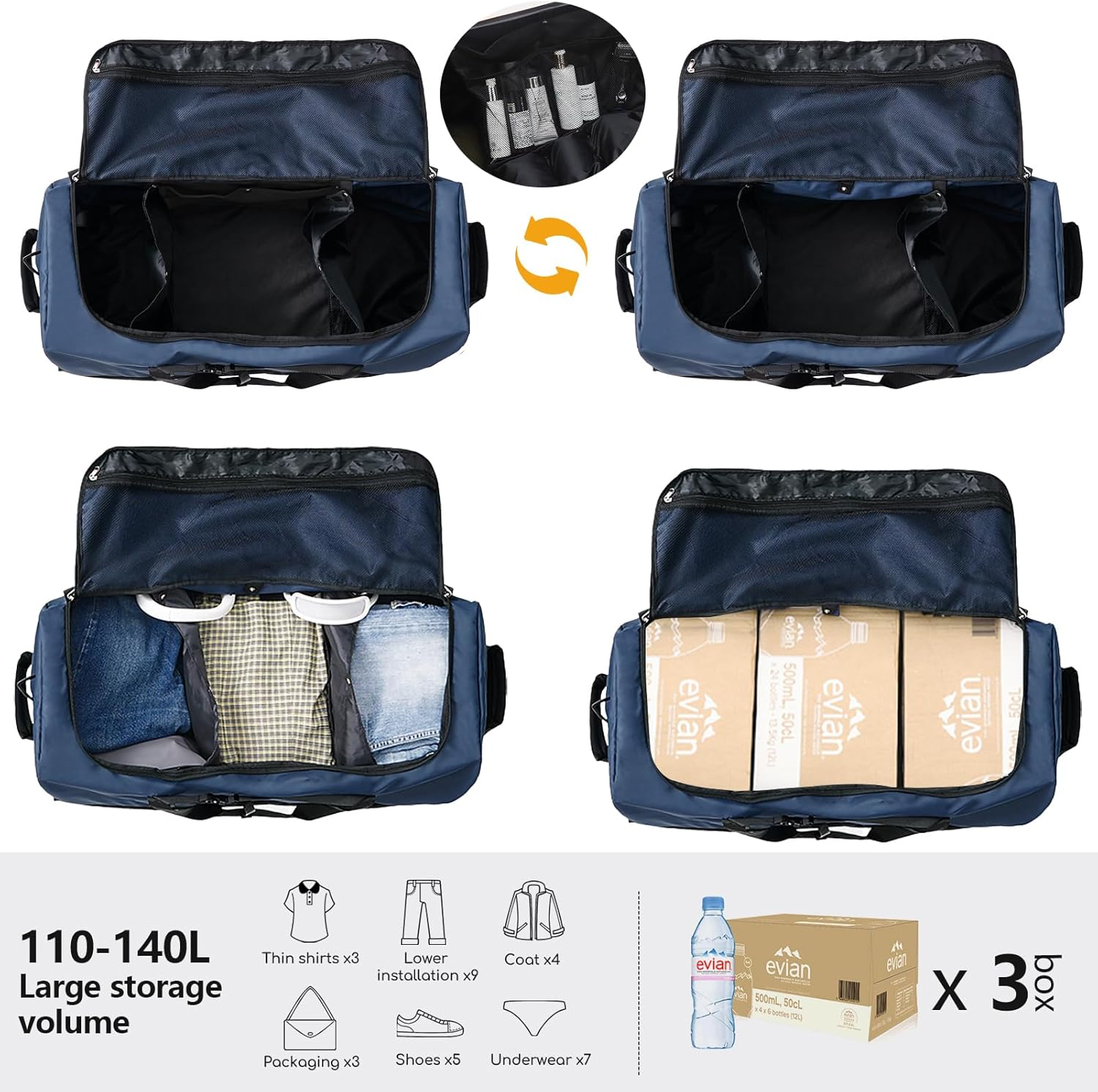 CONTAIL 32" Soft-Sided Rolling Duffle Bag with 2 Wheels,Expandable from 110L to 140L, Foldable Travel Duffel with Multiple Compartments,Navy