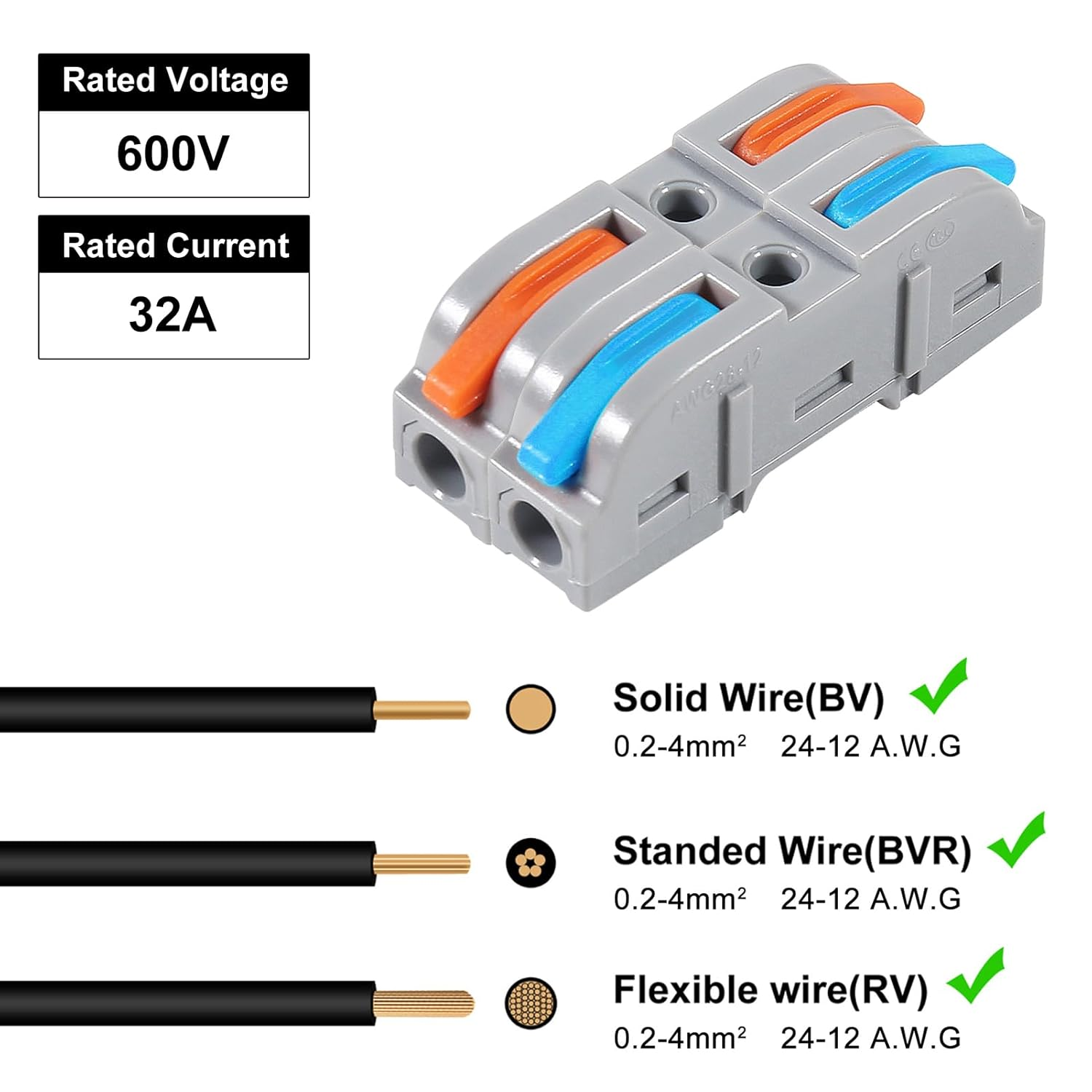 60Pcs Quick Connect Electrical Splicing Kit for Compact Inline Terminals, Lever Wire Nut - 28-12 AWG, 1 in 1 Out image number 1