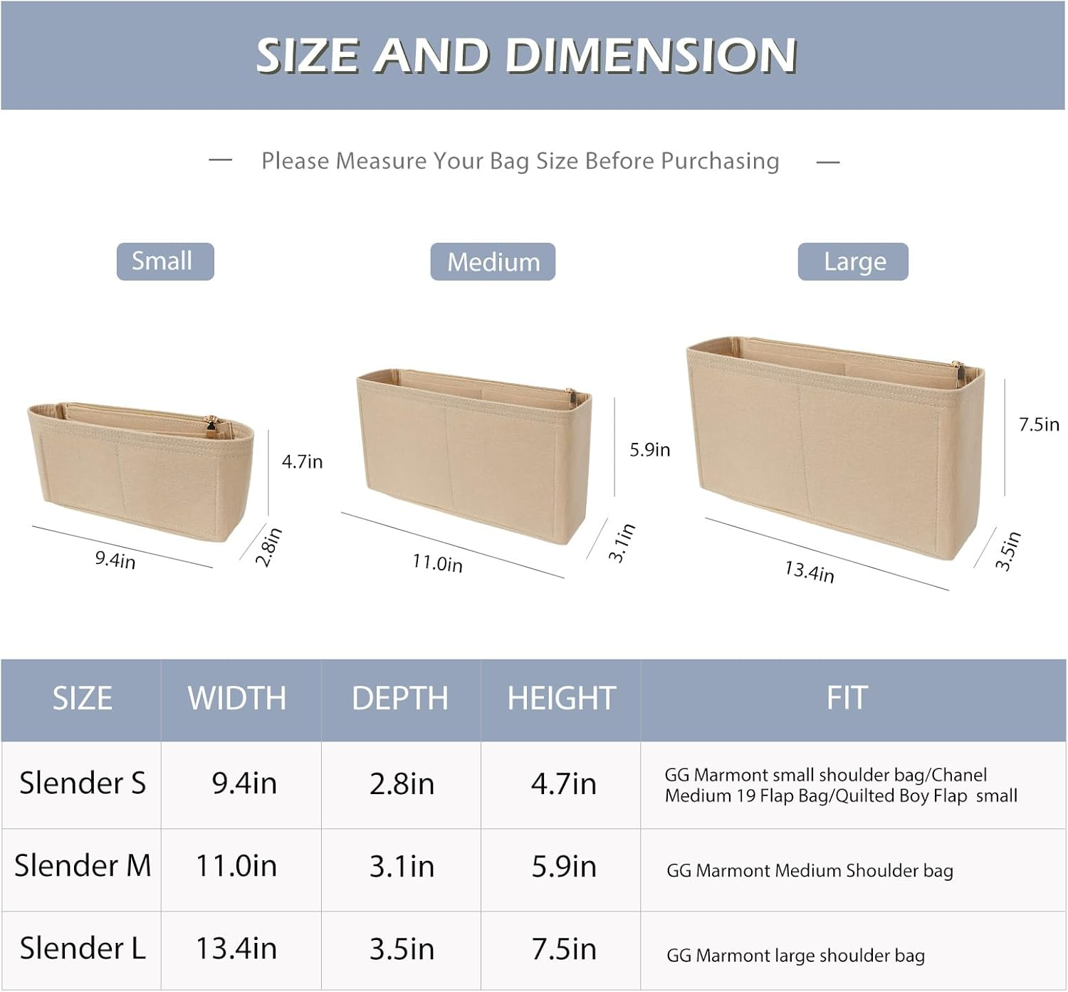 Surblue Purse Organizer Insert for Handbags, Felt Bag Organizer with Zippers Handbag Shaper Pouch for Classic 19 Flap Bag, Marmont, Onthego,（Khaki, Slender S） image number 3