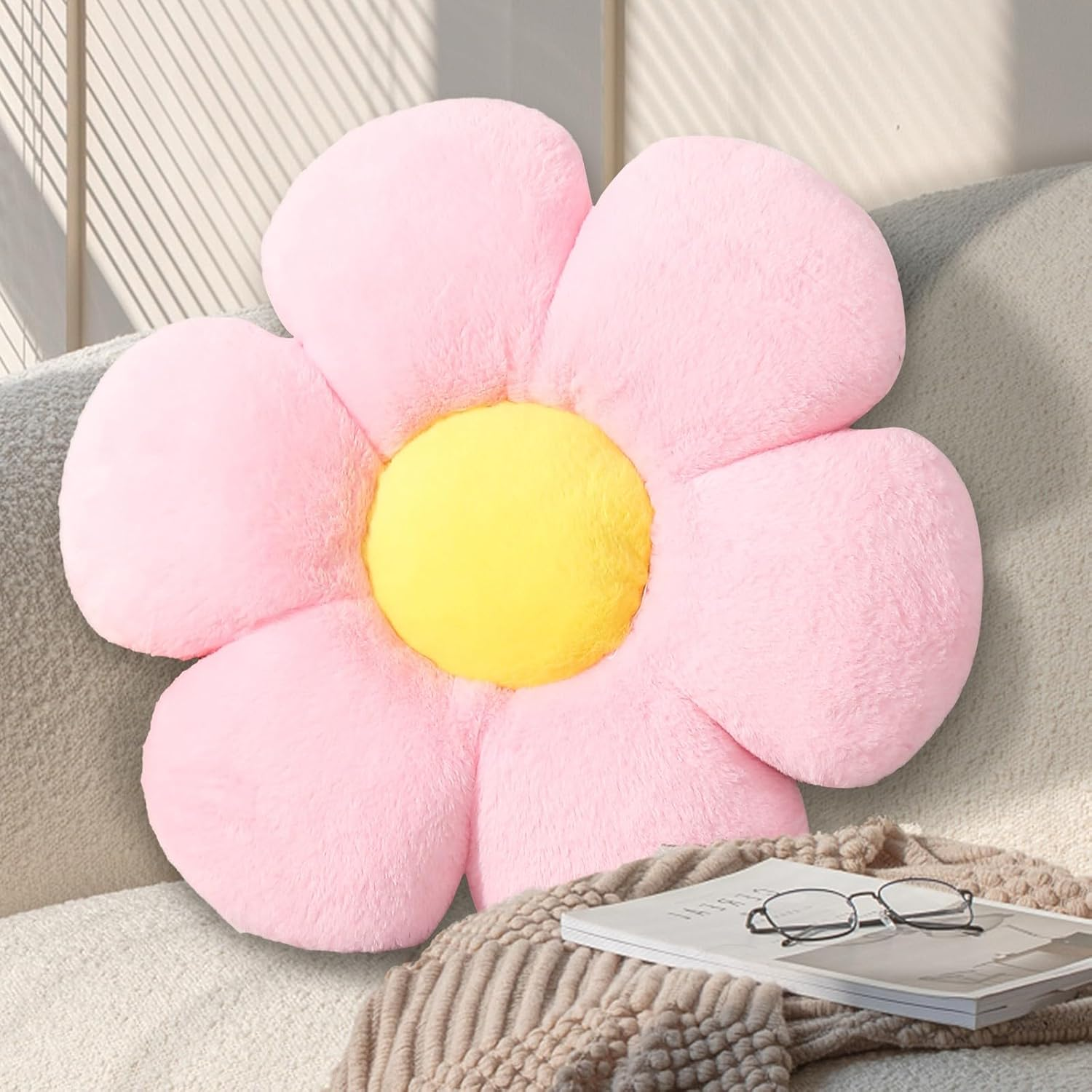 17.7 Inch White Flower Pillow &ndash; Daisy Shaped Cute Decorative Throw Pillow, Soft Floral Seating Cushion Floor Pillows for Sofa, Bed, Chair & Room Decor