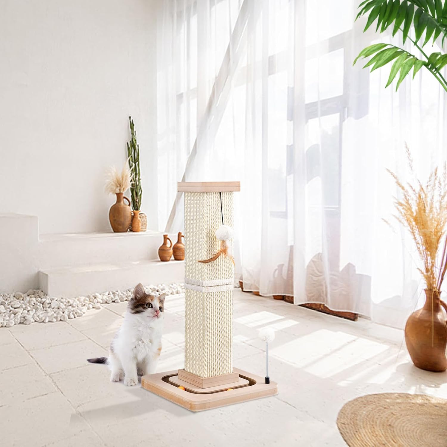 LIFLIX 67 Cm / 27" Cat Scratching Post, Sisal Cat Scratcher with Interactive Track Balls and Hanging Balls, Vertical Scratching Posts for Indoor Cats and Kittens image number 4