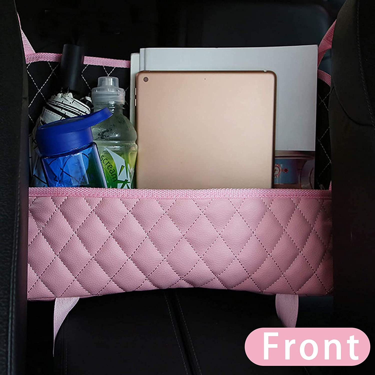Purse Holder for Car Durable Pu Leather Car Net Pocket Car Seat Storage Net Handbag Driver Storage Netting Pouch Seat Back Net Bag Backseat Pet Kids Barrier (Pink) image number 4