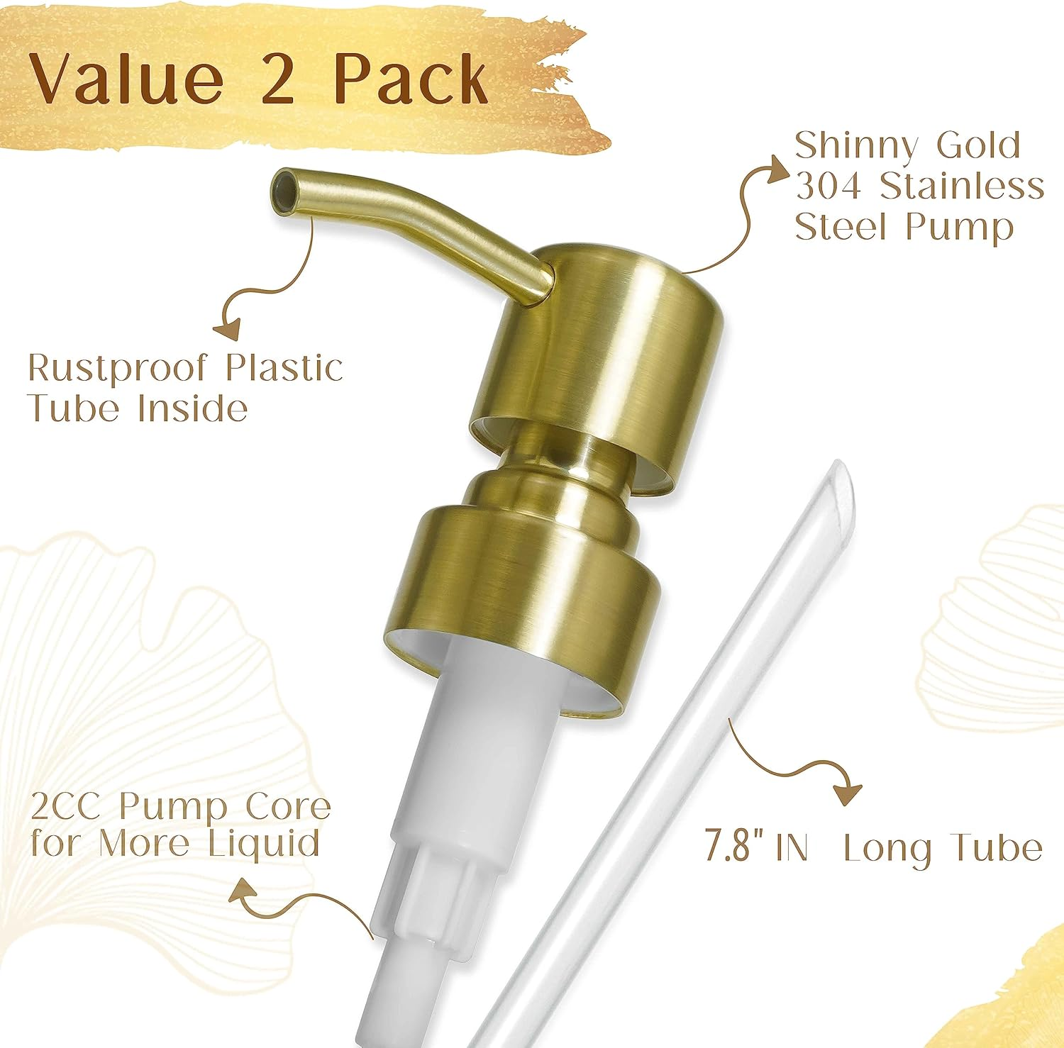 JASAI 2 Pack Royal Golded Soap Pump Replacement for Regular Mouth Soap Dispenser, Durable 304 Stainless Steel Rustproof Soap Pump for Hand Dish Soap Bottle. image number 6