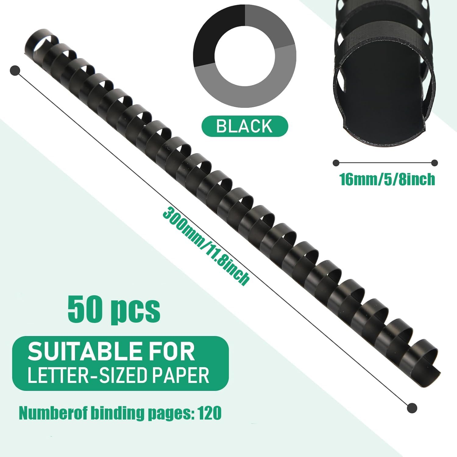 WEZCHUGHAOL 50 Pcs Black Plastic Comb Binding Spines 16Mm, 21 Rings for Binding Paper Sheets up to 120 Sheets, Durable Bookbinding Supplies for Office & School